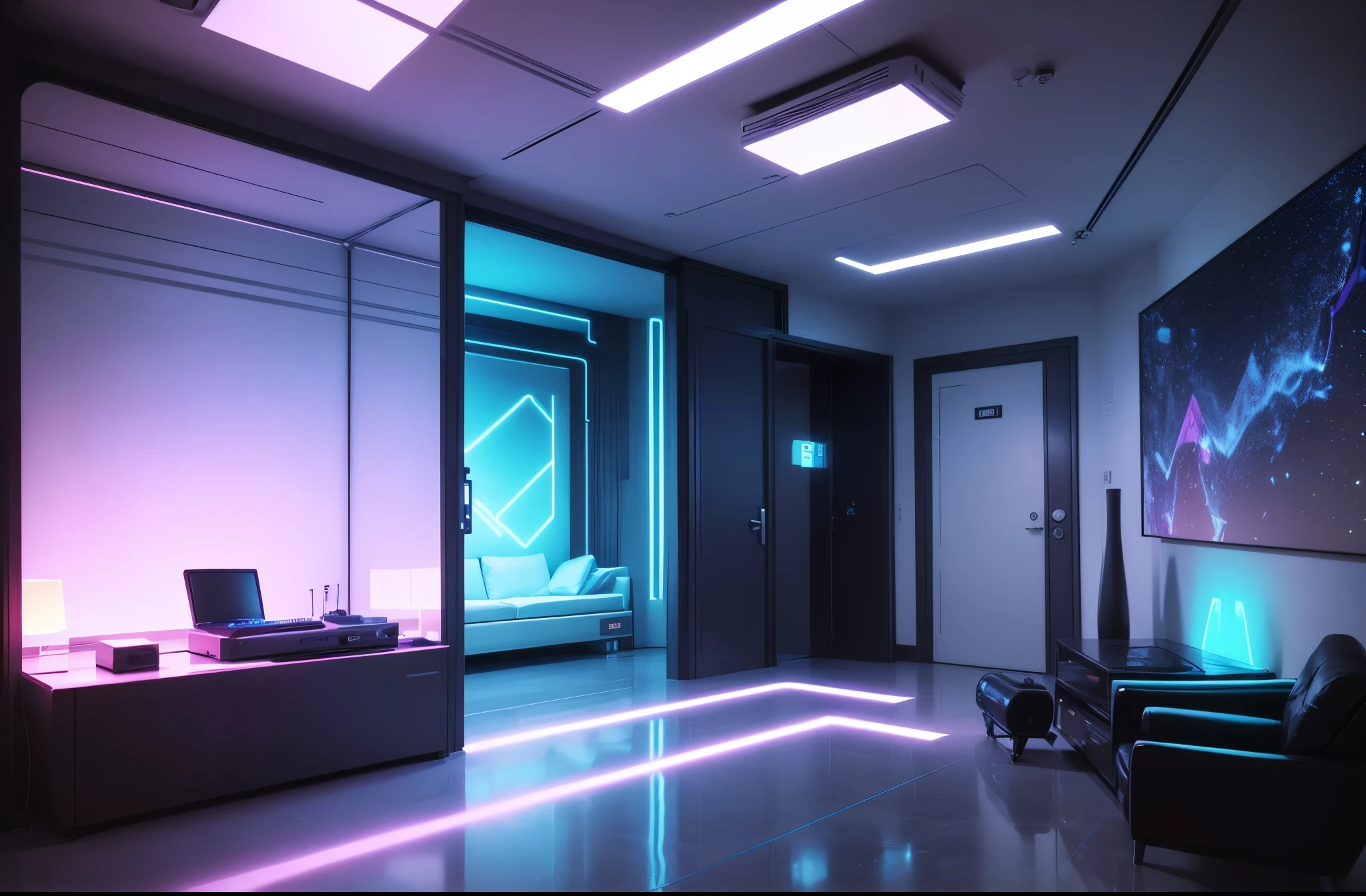 (best quality,4k,8k,highres,masterpiece:1.2),ultra-detailed,(realistic,photorealistic,photo-realistic:1.37),blue and red cyberpunk empty room with furniture (no person),futuristic neon lights,high-tech,modern design,transparent walls,reflection on the floor,levitating objects,vibrant colors,glowing holographic displays,highly-detailed 3D models,sleek furniture,ambient lighting,shadows and highlights,hi-tech gadgets,smooth surfaces,metallic finishes,contemporary artwork,industrial accents,geometric shapes,abstract patterns,laser beams,an immersive atmosphere,wireless charging pads,LED strips,interplay of light and shadows,advanced technology,crystal-clear glass,neon signs,streaming data,innovative architecture,cosmic backdrop,electronic devices,sophisticated aesthetics,motion sensor activated lights,a perfect blend of blue and pink tones,a minimalistic approach with a touch of avant-garde,an ethereal and otherworldly aura,unique and cutting-edge design elements for a surreal experience.