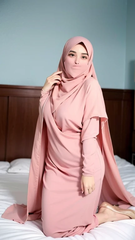  a beautiful young woman hijab, (((super big breast))), (very big breast covered) perfect face, (((very huge big breast,))), ((( Big Breast))) long sexy dress muslim, (((covering mouth, long veil))), Slim Face、27 years old, stil young, Pretty Lady,  smile eyes, sleep in bedroom, stand up, high heels, (big breast tight covered) , see full body image