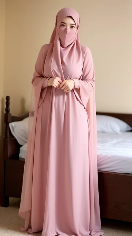  a beautiful young woman hijab, (((super big breast))), (very big breast covered) perfect face, (((very huge big breast,))), ((( Big Breast))) long sexy dress muslim, (((covering mouth, long veil))), Slim Face、27 years old, stil young, Pretty Lady,  smile eyes, sleep in bedroom, stand up, high heels, (big breast tight covered) , see full body image