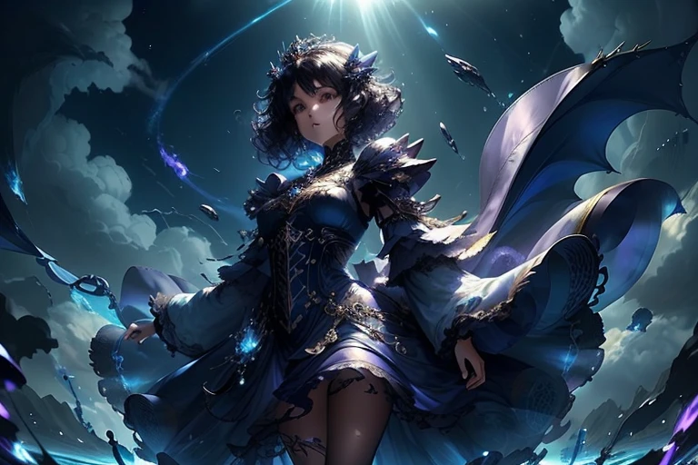 Fantasy,Girl,teenager,Floating in the sky,Hover,Put your right hand forward:1.8,Purple clothes,short hair,Curly hair,Black Hair,Spiky Tiara,dragon,blue,huge,Dragon Breath,Full body view,blue sky,sky,cloud,Morning Sun