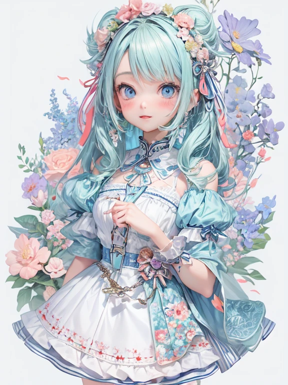 masterpiece, best quality, official art, 8k wallpaper, Very detailed, illustration, 1 girl, sky blue hair, Floral Skirt,