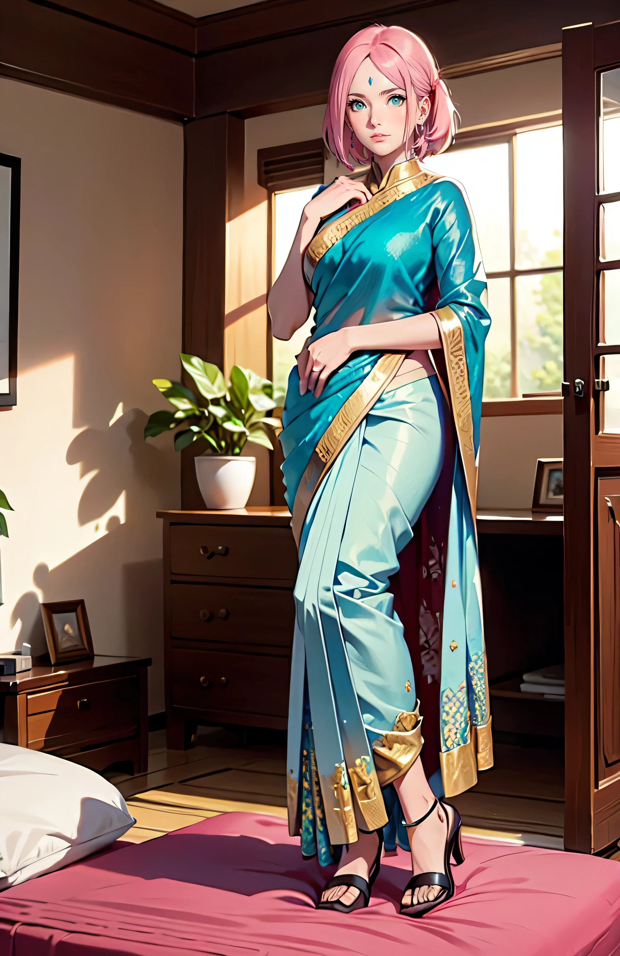 Big , ((wearing indian only blue saree)) , ((saree covering full body)), (blue saree) fullbody, good anatomy, masterpiece, best quality, 4k, 8k, professional photography, soft light, sharp focus, 1 girl, sakura haruno, pink hair, parted banks, detailed face+green eyes, open lips, lipstick, show, show, ass show, from behind, ((hands on blouse)), ((opening blouse)) ((sit on bed))