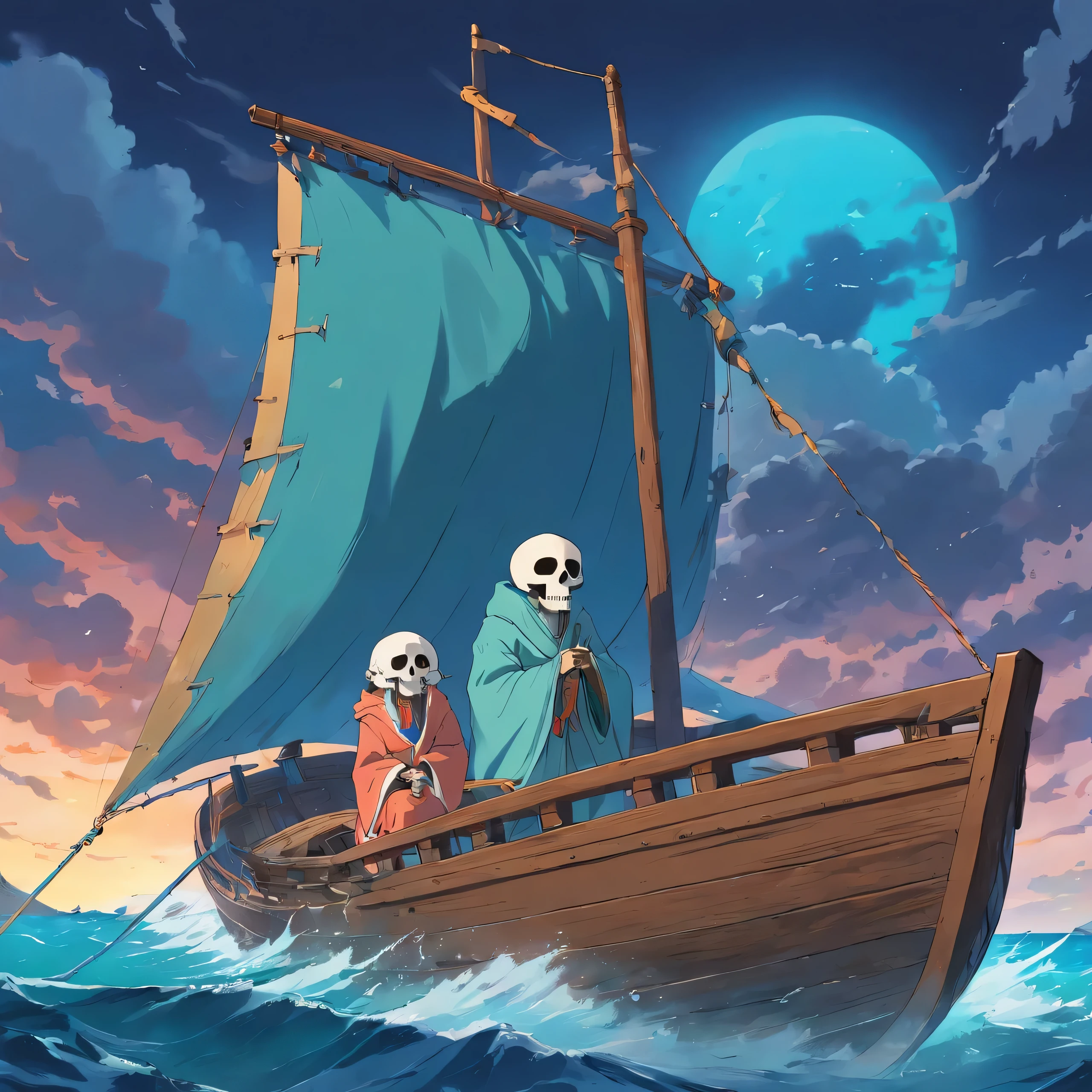two skulls in robes are riding on a boat, the ancient ship is rough and dirty, the dark wood is broken, the robes are blown by the wind, the texture robes are dirty and slightly torn, the boat is in a calm vast ocean, with luminous and dark water, mysterious foggy weather, clouds overcast den