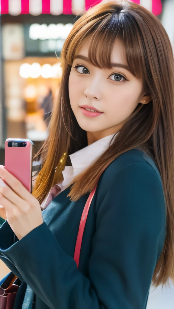 Best quality, 8k,  ,Masterpiece :1.3)), facing viewer,((full body1.2)) ,pretty woman, wide shot ,1girl, , selfie   , ,, Shopping Mall, brown hair  , bangs,ultra-detailed face, highly detailed lips, detailed eyes, double eyelid