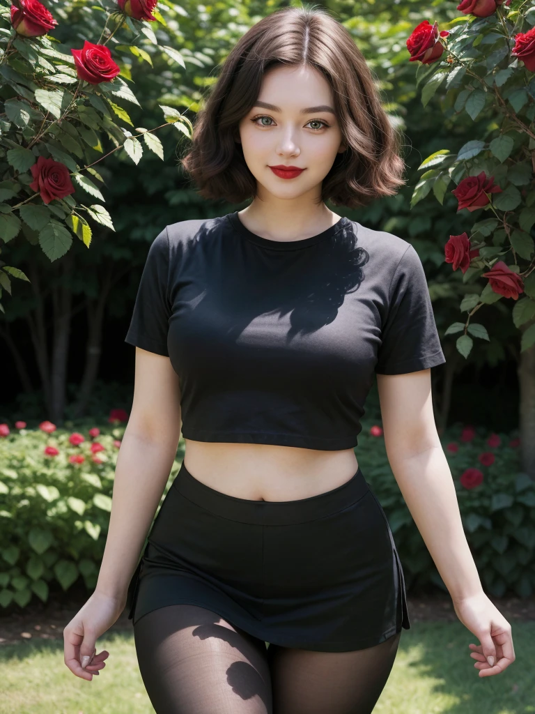 warm smile (masterpiece), (best quality), (realistic), (red lips), realistic girl, one adult woman, pale skin, curly black hair, eye green, green eyes, nose, ear, mouth, lips, neck, shoulders, medium chest, (random color shirt, plain t-shirt, short black skirt, tight tights), waist, thick legs, thick thighs, (garden with so many roses background), (short hair), (without nipples)