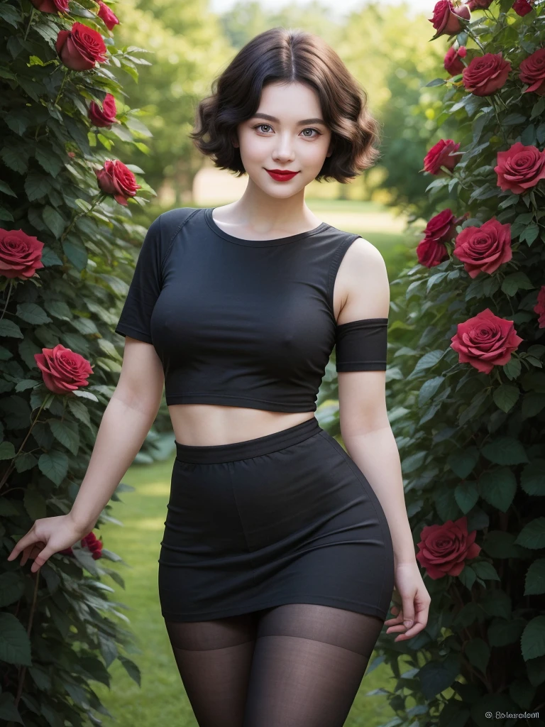 warm smile (masterpiece), (best quality), (realistic), (red lips), realistic girl, one adult woman, pale skin, curly black hair, eye green, green eyes, nose, ear, mouth, lips, neck, shoulders, medium chest, (random color shirt, plain t-shirt, short black skirt, tight tights), waist, thick legs, thick thighs, (garden with so many roses background), (short hair), (without nipples)