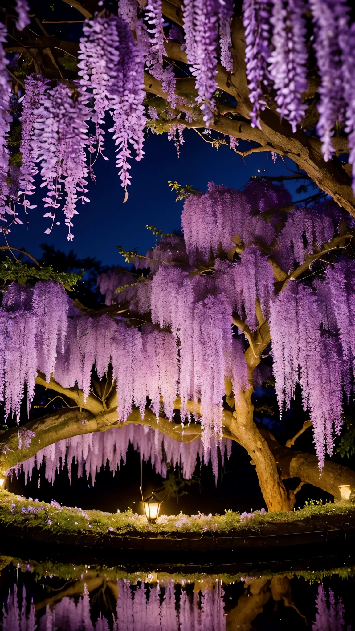 A breathtaking view of a wisteria tree in full bloom, illuminated at night