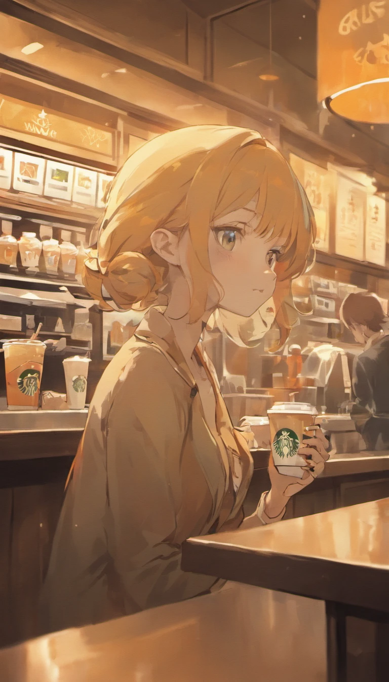Close-up of a coffee cup、A faint hint of steam、Inside the Starbucks store