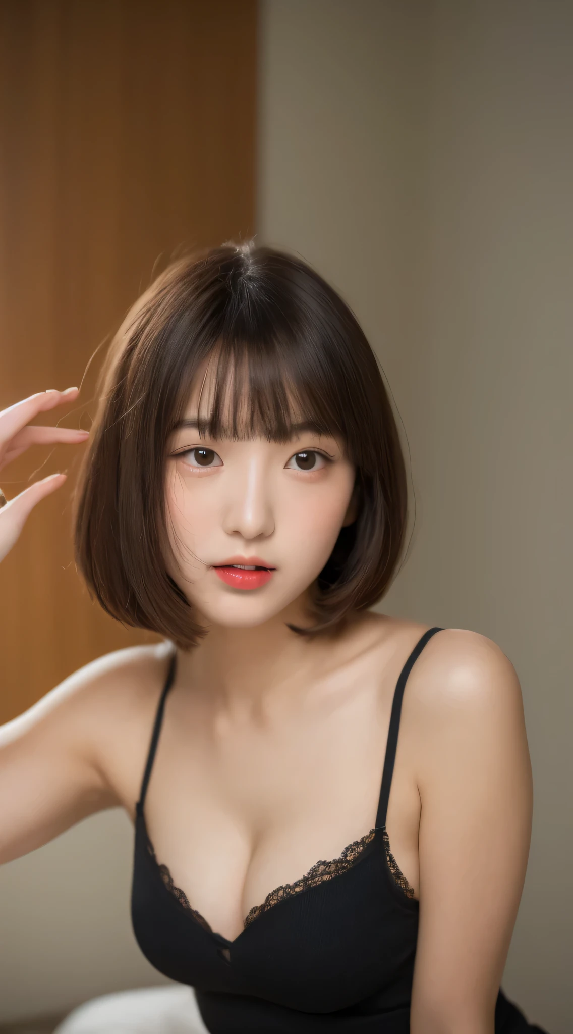 highest quality, Delicate face, 22 year old girl, thin body, Crop top, Flat , Leg spread, Slim body, Cleavage, Shooting from below, Blushing, duck face, Bobcut