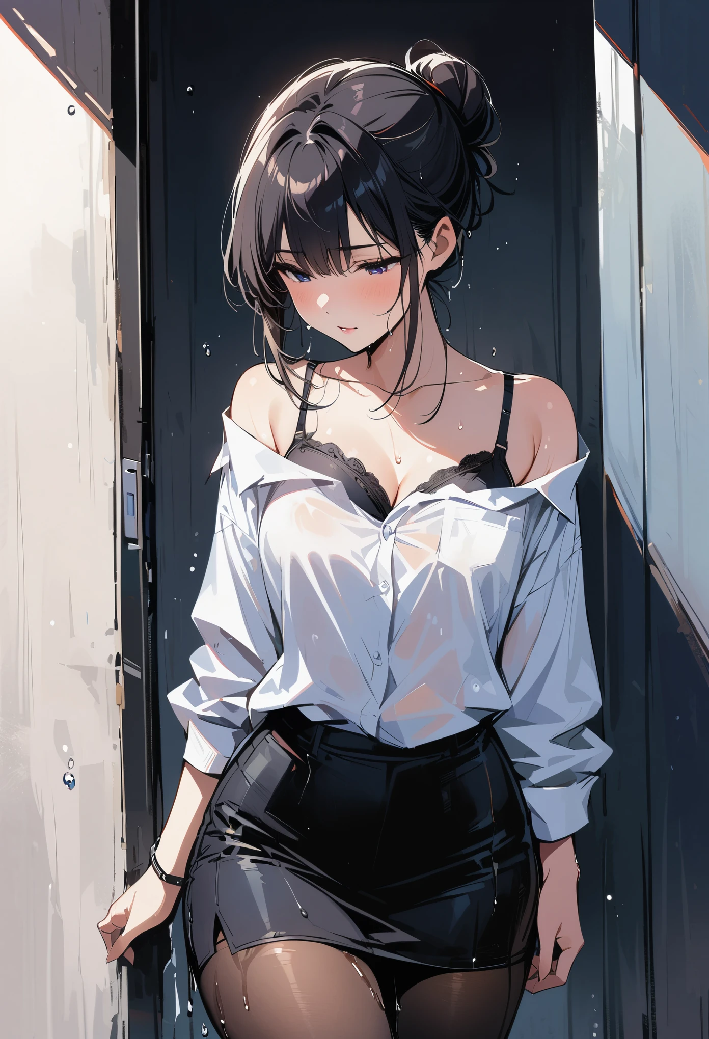 (masterpiece, best quality:1.2), 1 girl, alone , sexy , (black_H-line skirt:1.2),black skirt, (white_oxford_shirts:1.2),(office look female) ,cowboy shot, black hair ,hair bun, (office_background:1.3) , (pantyhose:1.2) , Black Bra, (A black bra is reflected behind her shirts:1.2) , bare shoulders ,(clothes are wet:1.3)