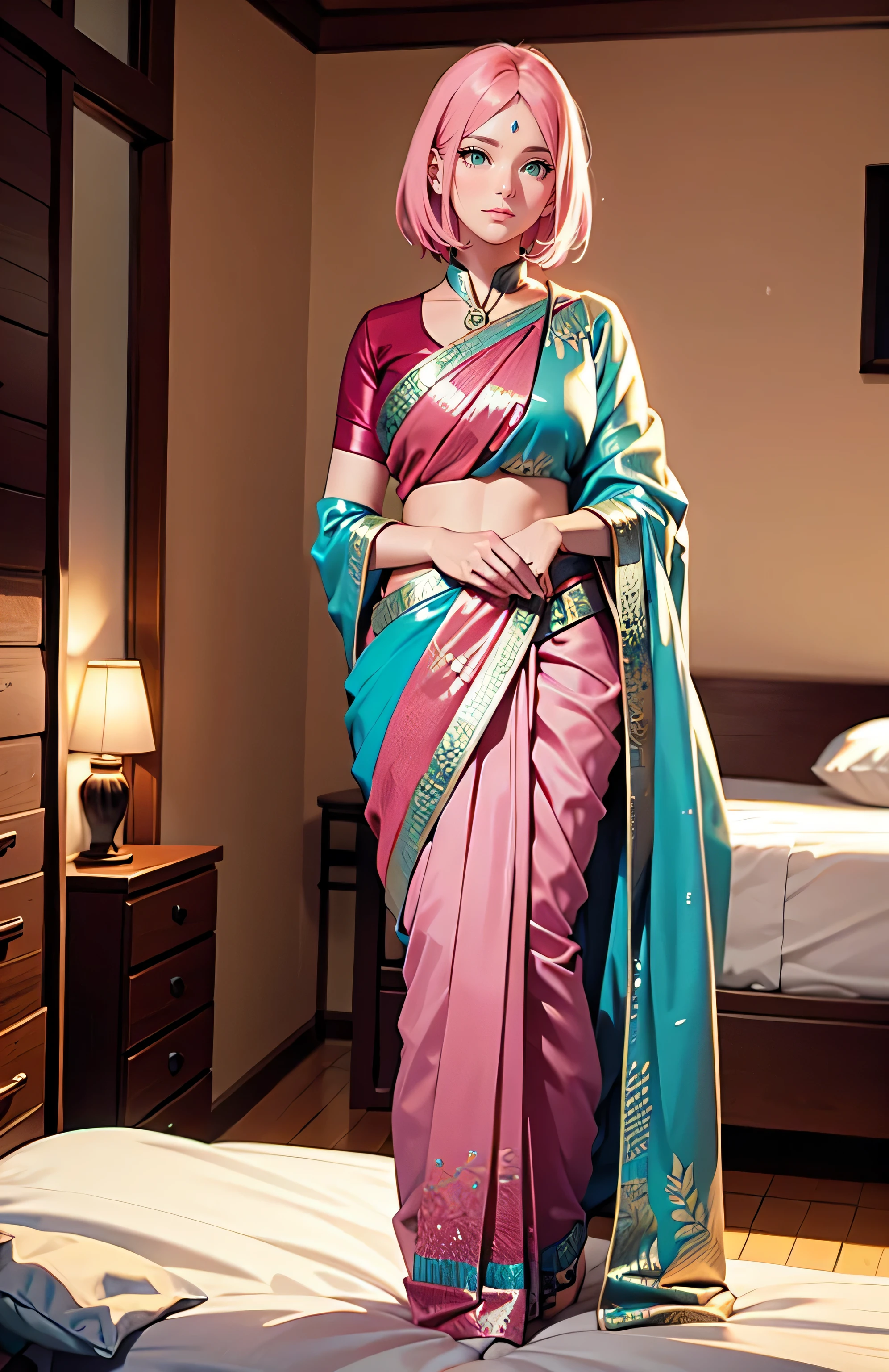 Big , ((wearing indian only blue saree)) , ((saree covering full body)), (blue saree)  fullbody, good anatomy, masterpiece, best quality, 4k, 8k, professional photography, soft light, sharp focus, 1 girl, sakura haruno, pink hair, parted banks, detailed face+green eyes, open lips, lipstick,   show,     show,   ass show, from behind, ((hands on blouse)), ((opening blouse)) ((sit on bed))