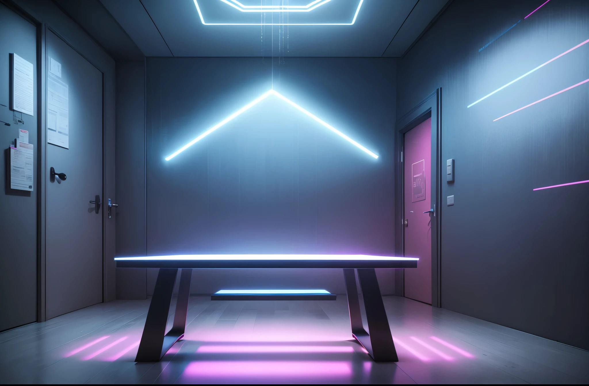 (best quality,4k,8k,highres,masterpiece:1.2),ultra-detailed,(realistic,photorealistic,photo-realistic:1.37),blue and red cyberpunk empty room with furniture (no person),futuristic neon lights,high-tech,modern design,transparent walls,reflection on the floor,levitating objects,vibrant colors,glowing holographic displays,highly-detailed 3D models,sleek furniture,ambient lighting,shadows and highlights,hi-tech gadgets,smooth surfaces,metallic finishes,contemporary artwork,industrial accents,geometric shapes,abstract patterns,laser beams,an immersive atmosphere,wireless charging pads,LED strips,interplay of light and shadows,advanced technology,crystal-clear glass,neon signs,streaming data,innovative architecture,cosmic backdrop,electronic devices,sophisticated aesthetics,motion sensor activated lights,a perfect blend of blue and pink tones,a minimalistic approach with a touch of avant-garde,an ethereal and otherworldly aura,unique and cutting-edge design elements for a surreal experience.