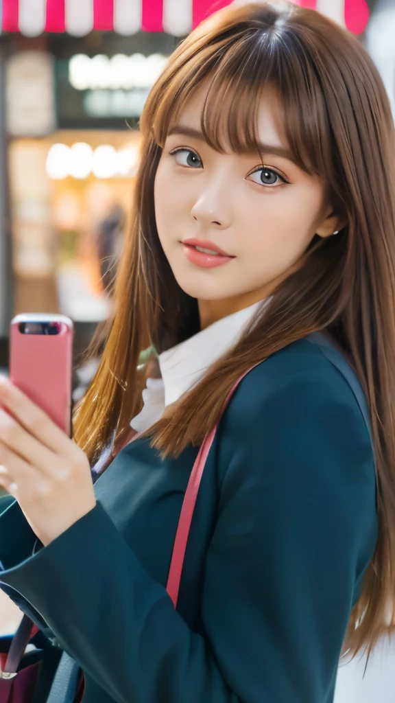 Best quality, 8k, ,Masterpiece :1.3)), facing viewer,((full body1.2)) ,pretty woman, wide shot ,1girl, , selfie , ,, Shopping Mall, brown hair , bangs,ultra-detailed face, highly detailed lips, detailed eyes, double eyelid