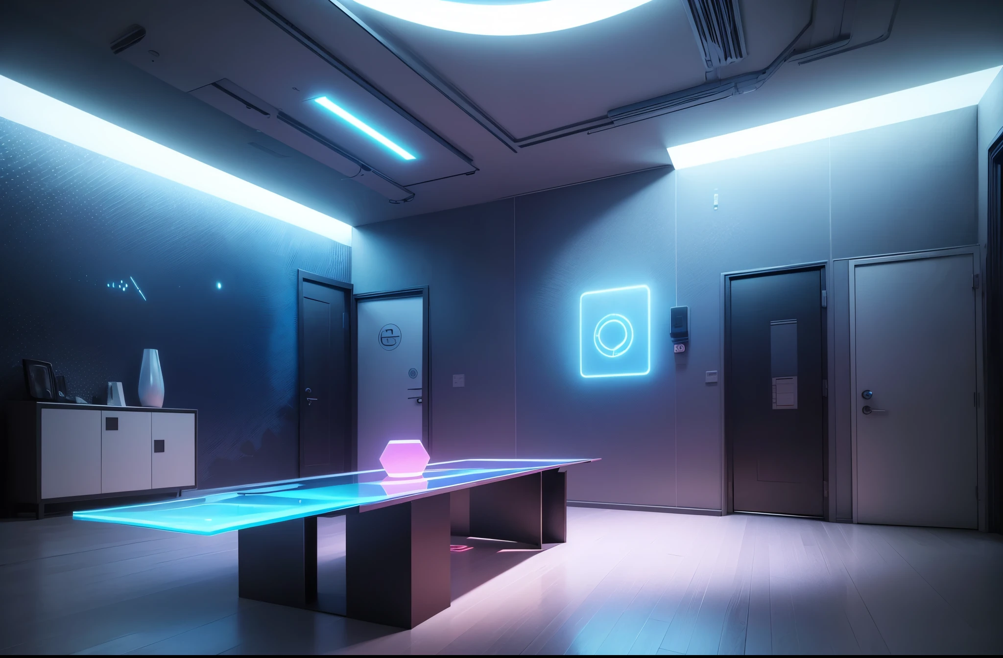 (best quality,4k,8k,highres,masterpiece:1.2),ultra-detailed,(realistic,photorealistic,photo-realistic:1.37),blue and red cyberpunk empty room with furniture (no person),futuristic neon lights,high-tech,modern design,transparent walls,reflection on the floor,levitating objects,vibrant colors,glowing holographic displays,highly-detailed 3D models,sleek furniture,ambient lighting,shadows and highlights,hi-tech gadgets,smooth surfaces,metallic finishes,contemporary artwork,industrial accents,geometric shapes,abstract patterns,laser beams,an immersive atmosphere,wireless charging pads,LED strips,interplay of light and shadows,advanced technology,crystal-clear glass,neon signs,streaming data,innovative architecture,cosmic backdrop,electronic devices,sophisticated aesthetics,motion sensor activated lights,a perfect blend of blue and pink tones,a minimalistic approach with a touch of avant-garde,an ethereal and otherworldly aura,unique and cutting-edge design elements for a surreal experience.