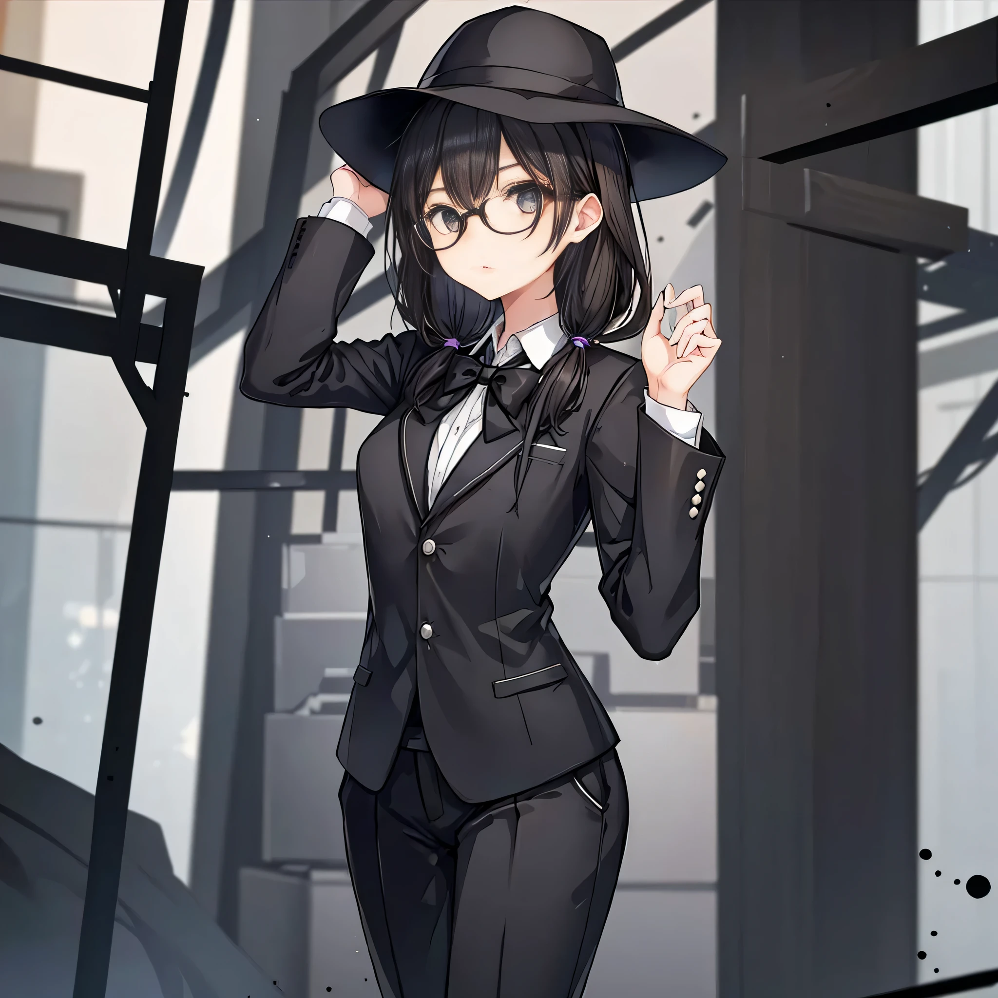 (((One Woman)))、Black suit pants、Black tie、The suit is open、(((Black stylish hat)))、White shirt、(Black round glasses)、Put your arms behind your back、Full Body Lesbian、Slim figure、 bust、Slim Girl Model、(((Chestnut Hair)))、Shopping background、Horizontal position、