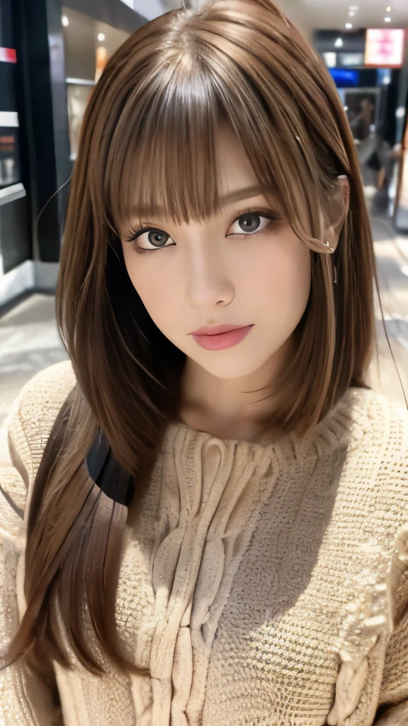 Best quality, 8k, ,Masterpiece :1.3)), facing viewer,((full body1.2)) ,pretty woman, wide shot ,1girl, , selfie , ,, Shopping Mall, brown hair , bangs,ultra-detailed face, highly detailed lips, detailed eyes, double eyelid