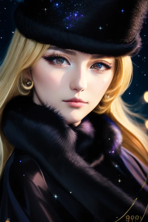 masterpiece, blonde straight, hair, care, fur trim, black hat, fur has, dress, yellow fleeting sad eyes, steam (station: 1.1), station platform, night, galaxy, 999, best quality, super fine, 16k, RAW photo, photorealistic, incredibly absurdres, extremely detailed, beautiful woman, fleeting sad expression, (angular face: 1.2), Shiny face, (Tight waist: 1.1), lip makeup, long eyelashes, galaxy, fantastic and mysterious, SF fantasy