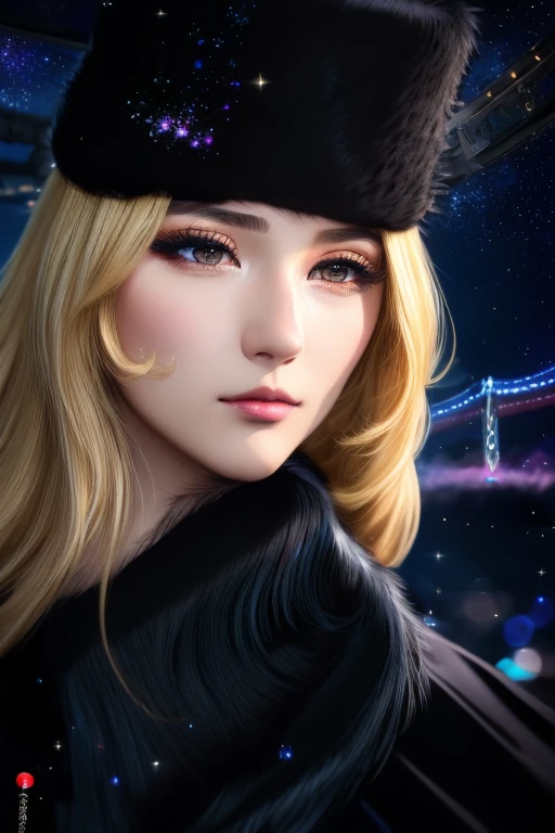 masterpiece, blonde straight, hair, care, fur trim, black hat, fur has, dress, yellow fleeting sad eyes, steam (station: 1.1), station platform, night, galaxy, 999, best quality, super fine, 16k, RAW photo, photorealistic, incredibly absurdres, extremely detailed, beautiful woman, fleeting sad expression, (angular face: 1.2), Shiny face, (Tight waist: 1.1), lip makeup, long eyelashes, galaxy, fantastic and mysterious, SF fantasy