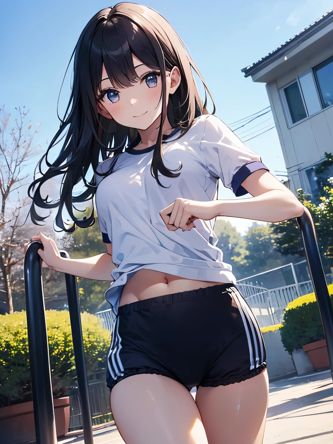 グラウンドをRun体操着姿の女の子、Black Hair、Semi-long hair、Very detailed、High resolution、Super Beauty highest quality、8Kのmasterpiece, highest quality, The real picture, Intricate details, The Very detailed, 超A high resolution, Depth Field,(Photorealistic,Realistic:1.2),masterpiece, Photographed from the front ,positive、 ((1 girl))),Girl in gym clothes、((Bloomers:1.3)), ((bloomers:1.3)), ((Outside the house))、((playground))、(highest qualityのイラスト:1.2), (pretty girl:1.1), (1 girl, alone:1.5), (1 girl、、Very detailedな目:1.2)、perfect glowing skin, Perfect Skin, Narrow waist、 smile Perfect Five Fingers、Sweat、Her underwear is visible:1.3,、Girl running away、Run、blue sky、Beautiful breasts
