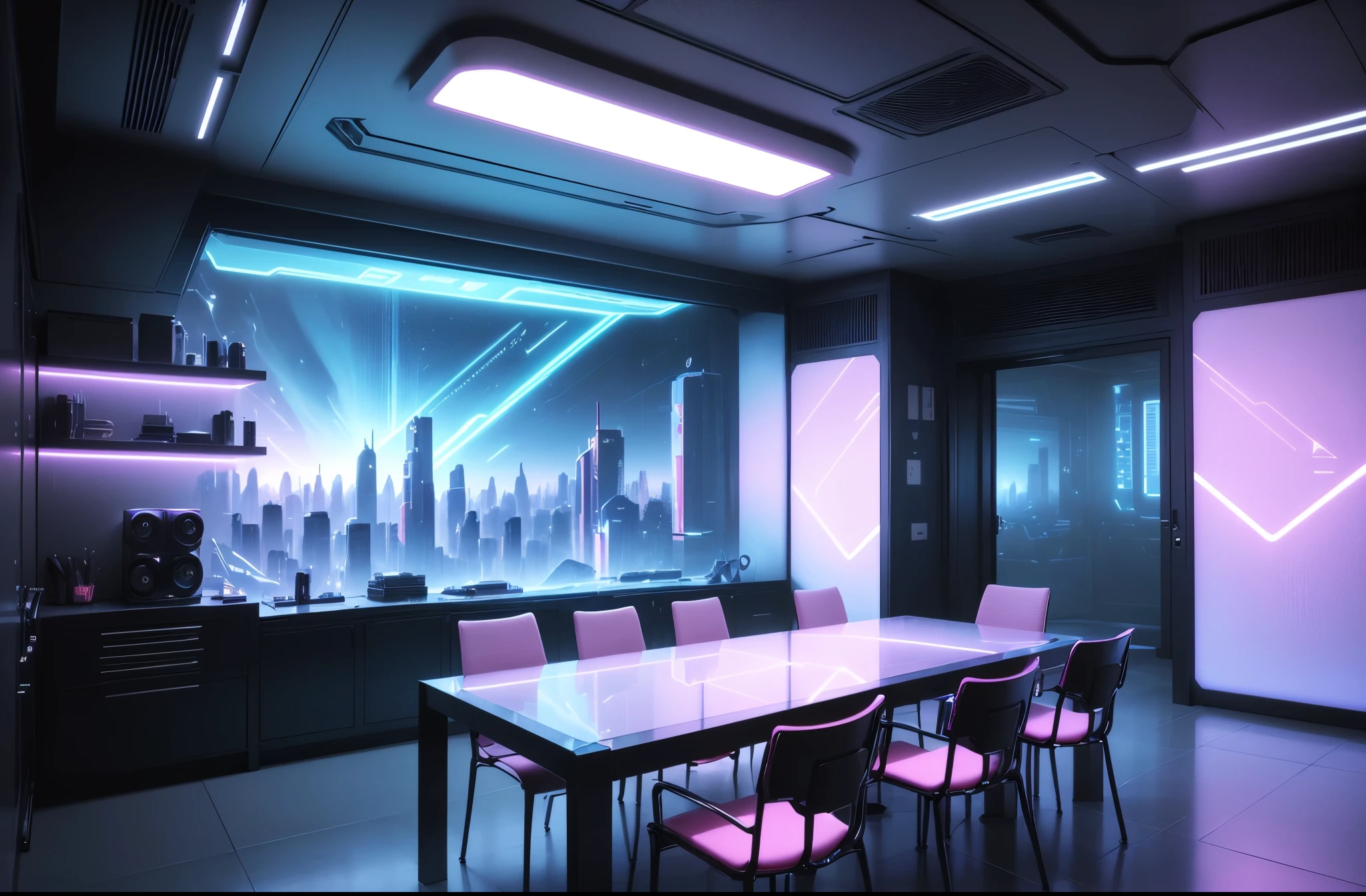 (best quality,4k,8k,highres,masterpiece:1.2),ultra-detailed,(realistic,photorealistic,photo-realistic:1.37),blue and pink cyberpunk empty room with furniture, futuristic interior design, neon lights, holographic displays, sleek and minimalist furniture, reflective surfaces, metallic accents, glowing LED panels, translucent walls, high-tech gadgets, dynamic lighting, vibrant colors, atmospheric ambiance, sci-fi inspired decor, cutting-edge technology, interactive surfaces, virtual reality headset, floating shelves, intelligent AI assistant, immersive audio system, cybernetic enhancements, advanced robotics, futuristic architecture, panoramic windows, futuristic skyline, holographic projections, a captivating blend of technology and aesthetics.