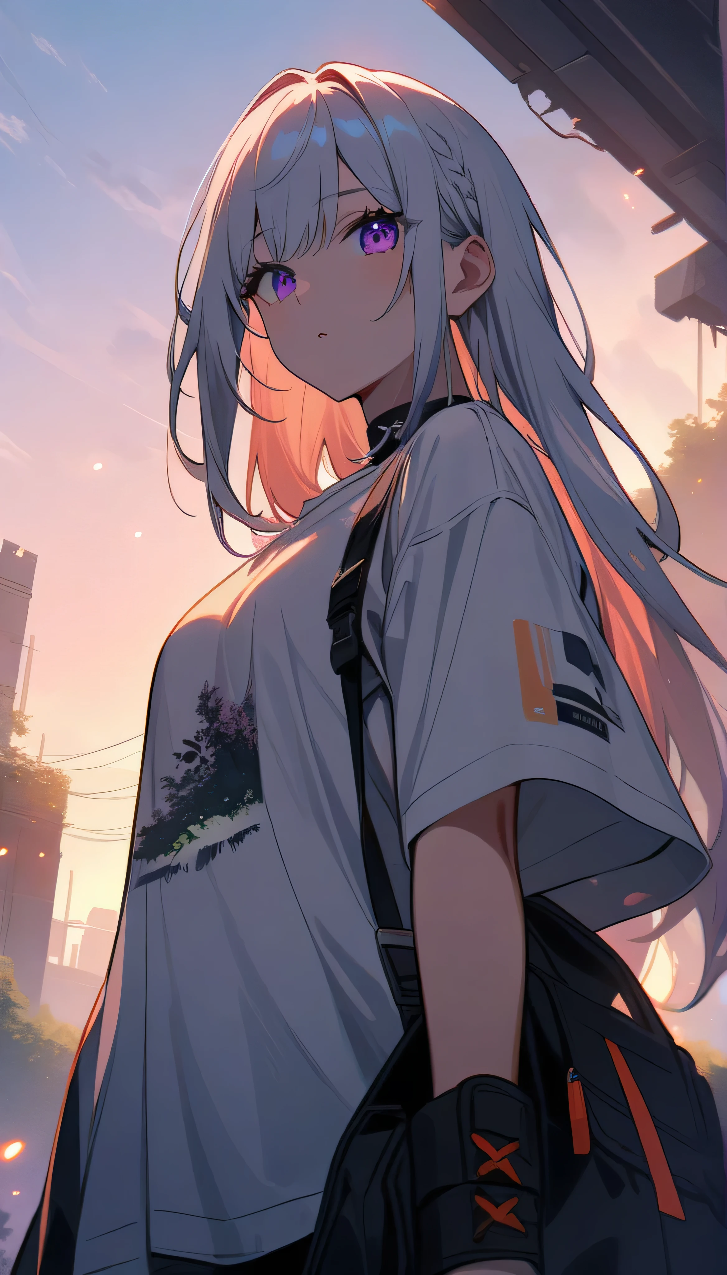 Resolution full, best quality, masterpiece, full HD, beautifull girl, foggy theme, super detailed, 1girl, cute girl, long hair, white light hair, detailed beautiful violet eyes, white T - shirt oversized, holding glowing katana. from below, in ruins, overgrown. Day sky, gradient sky, sunset. bokeh. Depth of field.