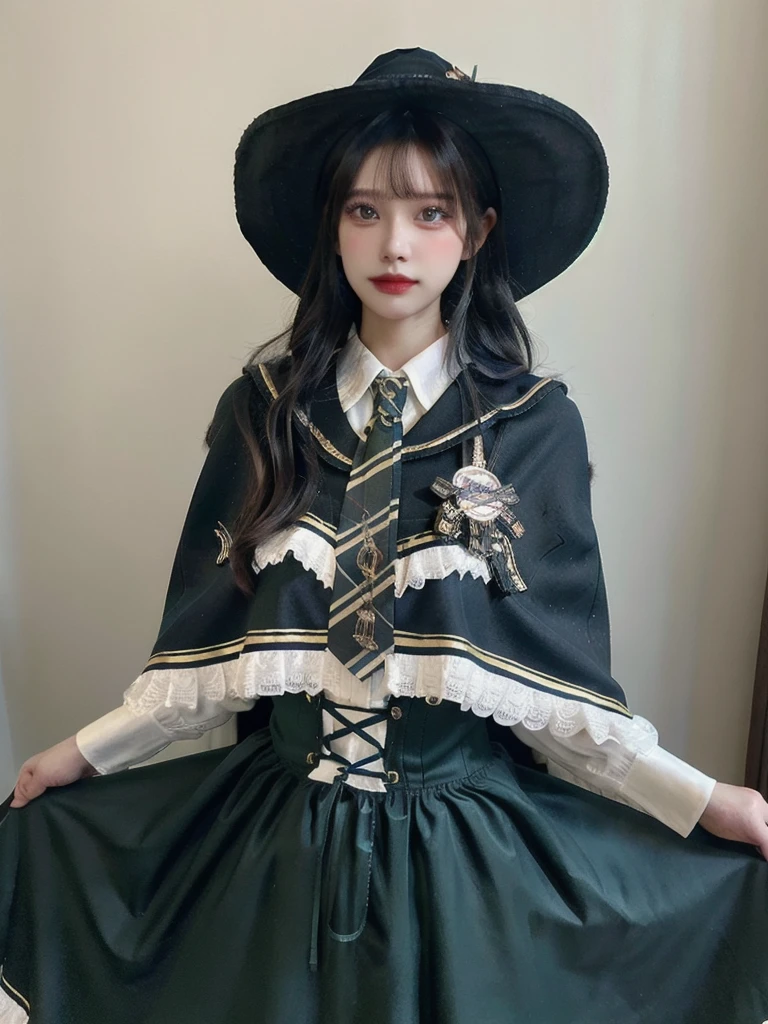 best quality, masterpiece, realistic, photorealistic, 1girl, solo, looking at viewer, cowboy shot, cyb dress, collared shirt, long sleeves, necktie, capelet, frills, badge, long dress, witch hat, simple background, 