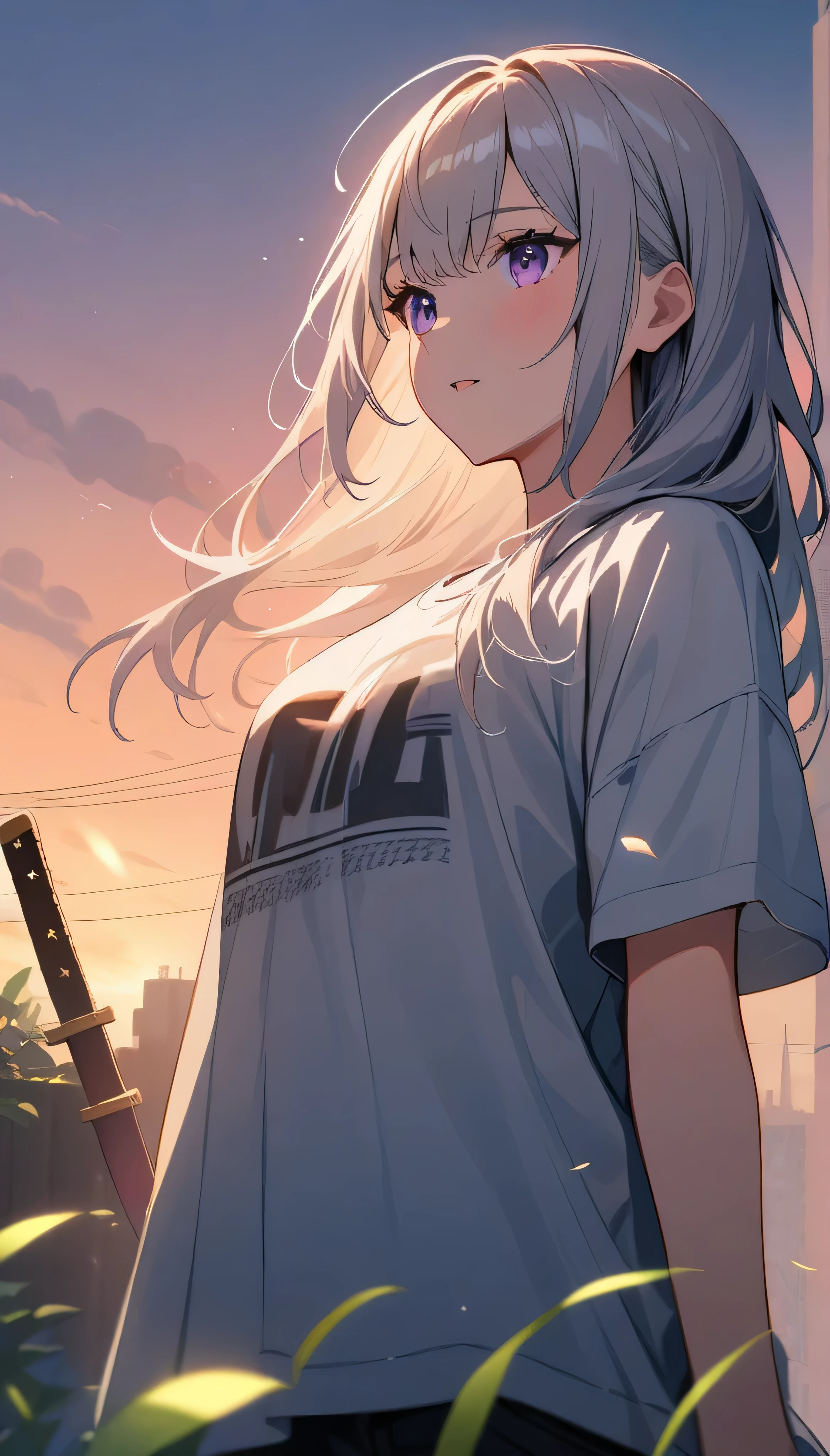 Resolution full, best quality, masterpiece, full HD, beautifull girl, foggy theme, super detailed, 1girl, cute girl, long hair, white light hair, detailed beautiful violet eyes, white T - shirt oversized, holding glowing katana. from below, in ruins, overgrown. Day sky, gradient sky, sunset. bokeh. Depth of field.