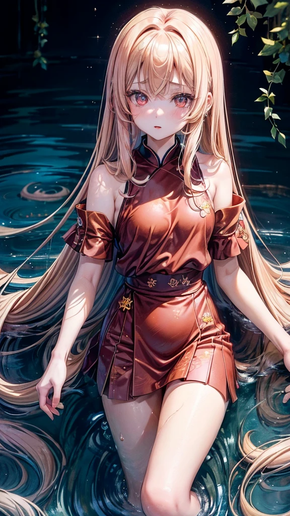 use anime style to create the Aya Nakamura is a small 5-year-old, stunning and exotic looking . She has long golden hair that falls in gentle waves down to her waist, standing out against her pale skin. His eyes are an intense red, like bright rubies, and carry a mysterious look, blue aqua sparkling eyes