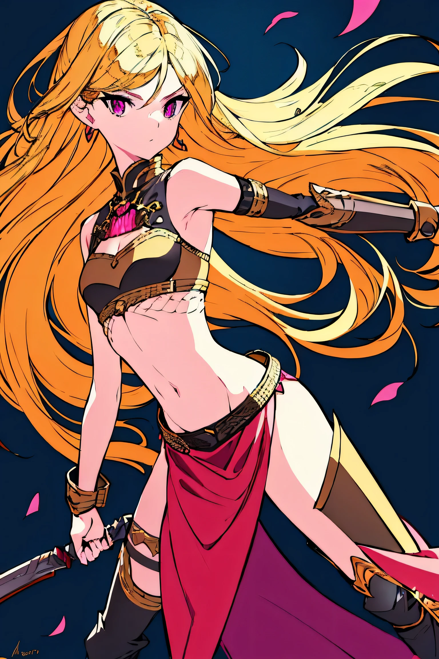 Flat chest, bra armor, battle skirt, navel, smooth belly, long yellow hair, sharp pink eyes, midriff, wrist cuffs