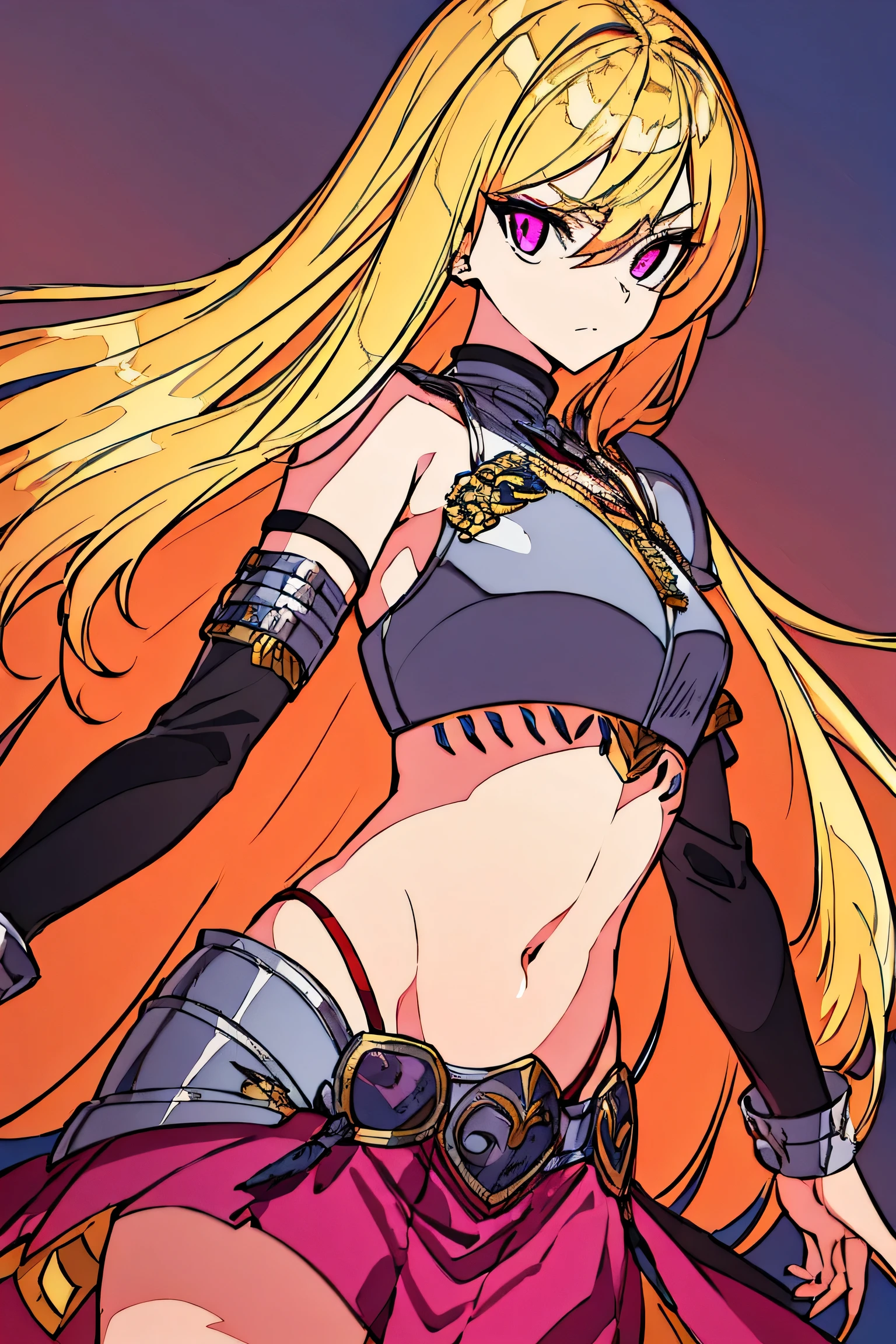 Flat chest, bra armor, battle skirt, navel, smooth belly, long yellow hair, sharp pink eyes, midriff, wrist cuffs