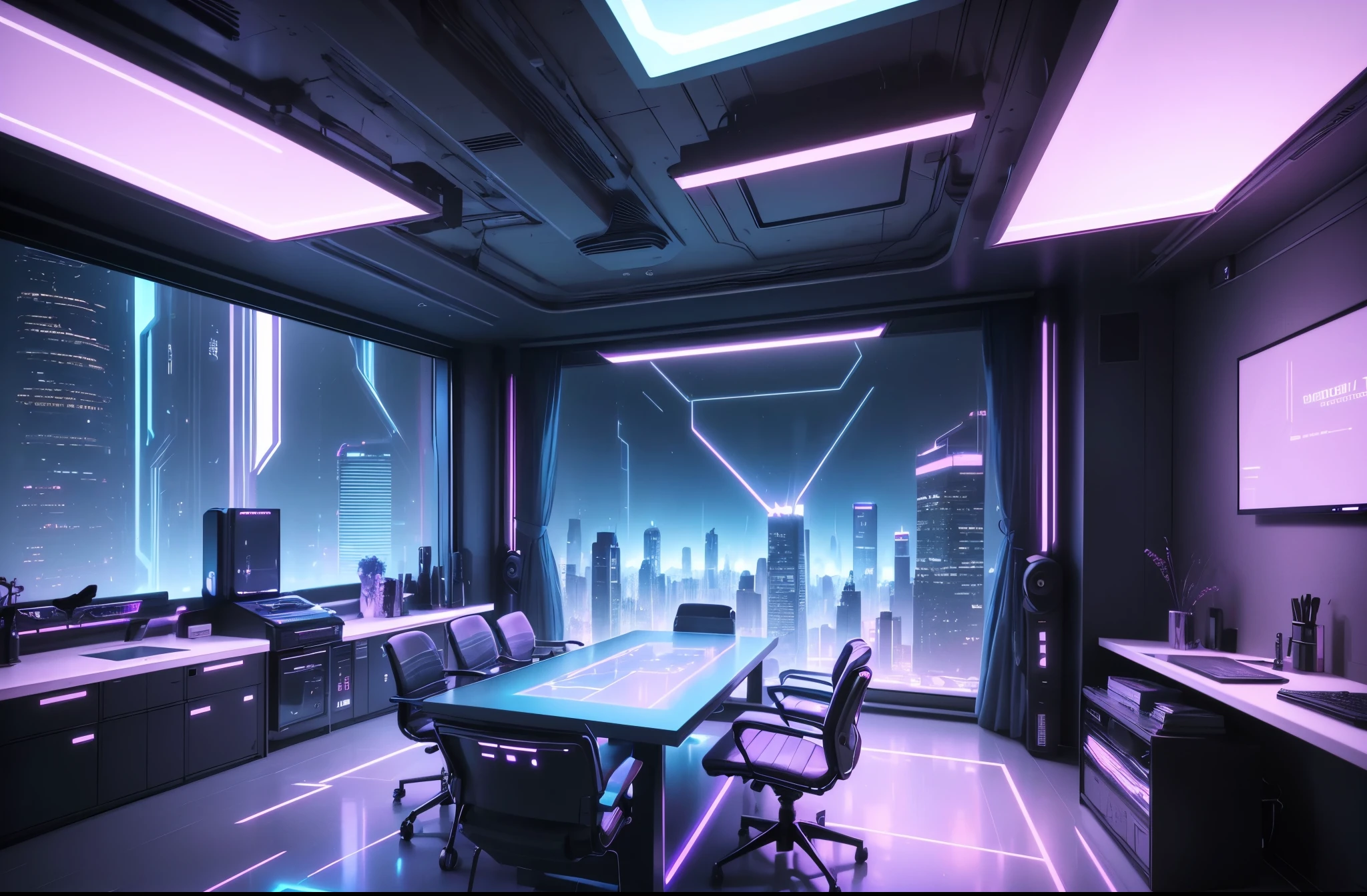 (best quality,4k,8k,highres,masterpiece:1.2),ultra-detailed,(realistic,photorealistic,photo-realistic:1.37),blue and pink cyberpunk empty room with furniture, futuristic interior design, neon lights, holographic displays, sleek and minimalist furniture, reflective surfaces, metallic accents, glowing LED panels, translucent walls, high-tech gadgets, dynamic lighting, vibrant colors, atmospheric ambiance, sci-fi inspired decor, cutting-edge technology, interactive surfaces, virtual reality headset, floating shelves, intelligent AI assistant, immersive audio system, cybernetic enhancements, advanced robotics, futuristic architecture, panoramic windows, futuristic skyline, holographic projections, a captivating blend of technology and aesthetics.