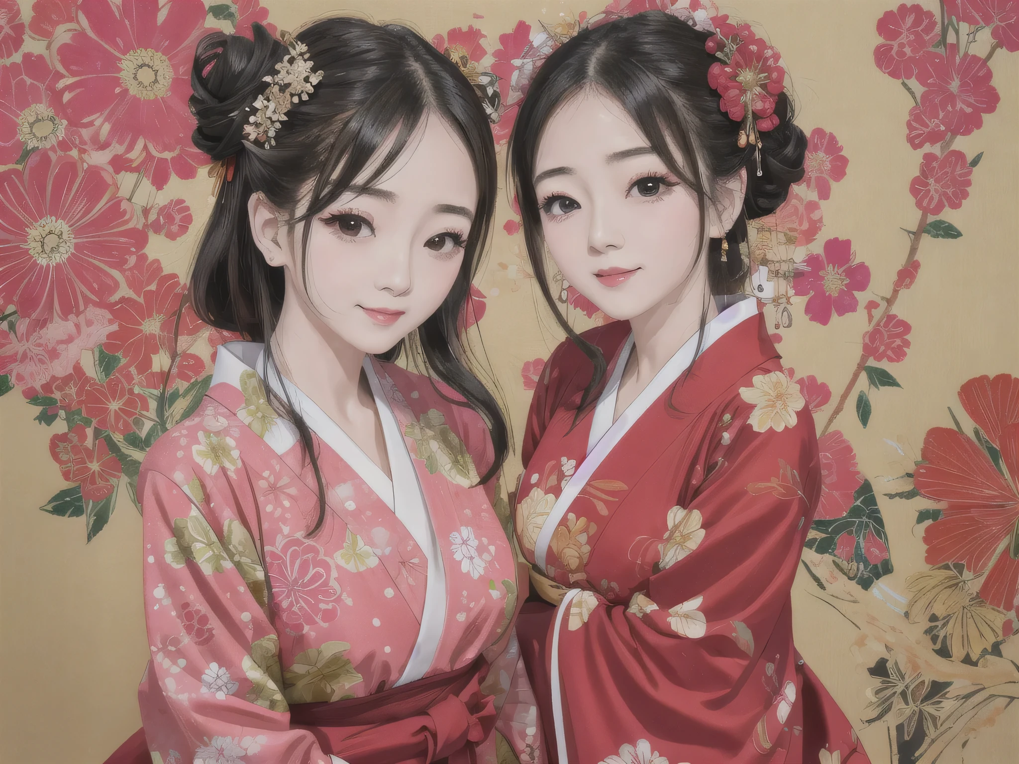 Each has a different expression2People and sisters、(2 girls)、⦅Dancing traditional arts with grace)、((Big Breasts、Small Face、Not exposed))、highest quality、masterpiece、(Black Hair、Bun Hair)、Brown Eyes、⦅Wide angle、Angle from above the waist、Pause on the magazine cover、Each person has a different perspective when looking into the distance⦆、(8K high quality、masterpiece、High resolution、Realistic and beautiful light and shadow、(highest quality)、(High Resolution)、(Very delicate and beautiful)、(Beautiful 8k face)、(Smiling and closing your eyes、Beautiful eyes)、(Clear skin)、(Soft hair)、(8Head to Body)、(A Japanese style yukata kimono with red, pink and orange floral patterns on a white background, interspersed with gold powder、Wearing a yukata2Beautiful Japanese girls)、((Tanabata decoration background))、((Small Face))、(arms up)、Thin and small nose、(Red lipstick)、(Make your cheeks red)、(Glossy skin)、((Ink painting style))、Very thin eyebrows、Overall ultra-high image quality、(She is wearing maiko-style makeup.)、Whitening、Long and beautiful eyelashes、Glowing Skin、(Red cheeks),Straight nose、masterpiece、highest quality、whole body、 Eyebrows visible through hair、Bun Hair、Grin、Gal、Kogal、Viewer's Eyes、Plaid、Stylish、woman、fine、Pause、
Waiting to start