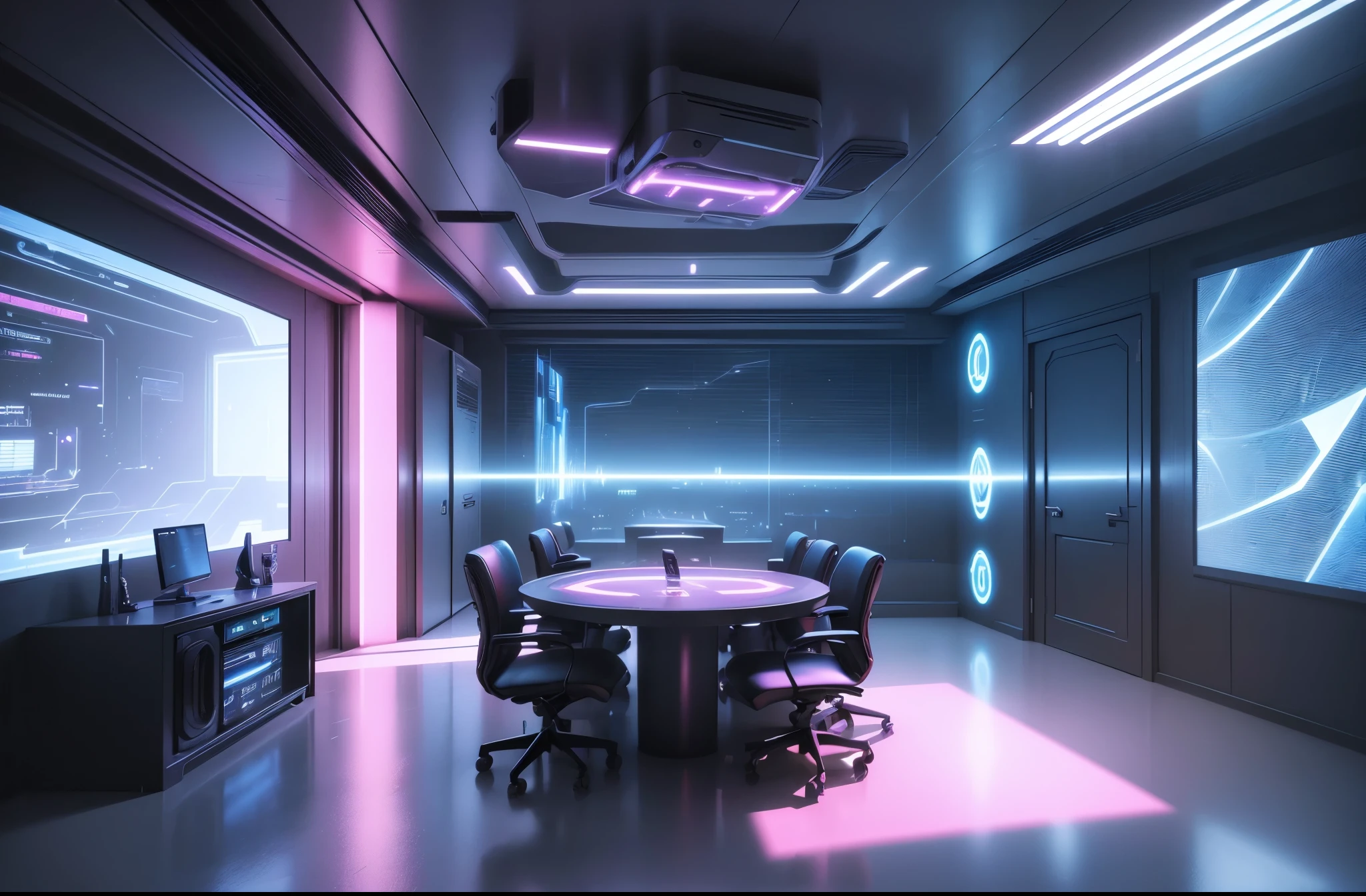 (best quality,4k,8k,highres,masterpiece:1.2),ultra-detailed,(realistic,photorealistic,photo-realistic:1.37),blue and pink cyberpunk empty room with furniture, futuristic interior design, neon lights, holographic displays, sleek and minimalist furniture, reflective surfaces, metallic accents, glowing LED panels, translucent walls, high-tech gadgets, dynamic lighting, vibrant colors, atmospheric ambiance, sci-fi inspired decor, cutting-edge technology, interactive surfaces, virtual reality headset, floating shelves, intelligent AI assistant, immersive audio system, cybernetic enhancements, advanced robotics, futuristic architecture, panoramic windows, futuristic skyline, holographic projections, a captivating blend of technology and aesthetics.