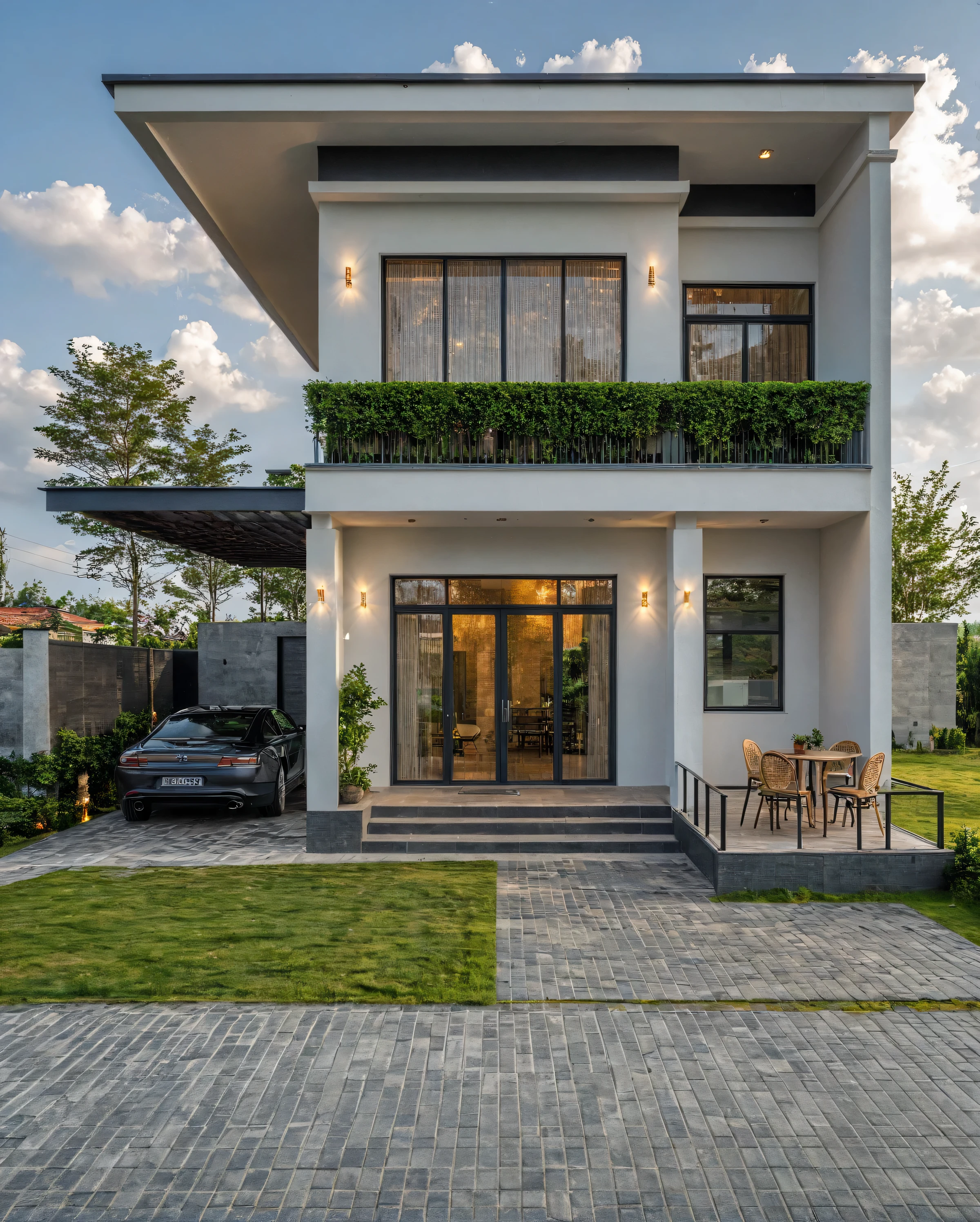 Raw photo, Masterpiece, high quality, best quality, authentic, super detail, outdoors, onestoreyvillaXL, aiaigroup, house style modern on the street ,stairs, white wall ,road,pavement, grass, trees, sky, cloud, (daylight:1.1)
