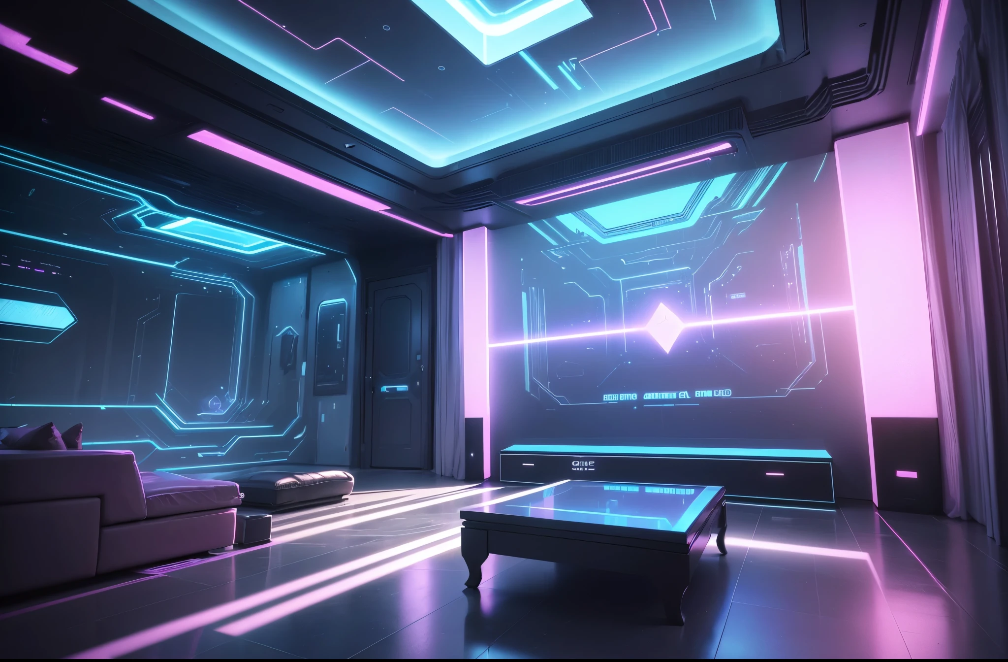 (best quality,4k,8k,highres,masterpiece:1.2),ultra-detailed,(realistic,photorealistic,photo-realistic:1.37),blue and pink cyberpunk empty room with furniture, futuristic interior design, neon lights, holographic displays, sleek and minimalist furniture, reflective surfaces, metallic accents, glowing LED panels, translucent walls, high-tech gadgets, dynamic lighting, vibrant colors, atmospheric ambiance, sci-fi inspired decor, cutting-edge technology, interactive surfaces, virtual reality headset, floating shelves, intelligent AI assistant, immersive audio system, cybernetic enhancements, advanced robotics, futuristic architecture, panoramic windows, futuristic skyline, holographic projections, a captivating blend of technology and aesthetics.