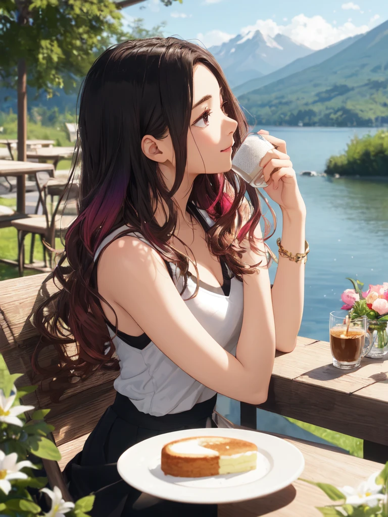 (looking-away:1.9),(masterpiece:1.2), (best quality),(ultra detailed),(extremely detailed),(absolutely resolution) ,absurdres,8k, 1girl-drinking-hot-coffee-in-cafeteria-outdoor,sitting-on-the-woody-chair, smile, cake, beautiful-landscape-background, mountain, shinny-lake, flowers,
BREAK, ultra detailed eyes, long hair, wavy hair, (gradation hair:1.3), windy, tanktops, skirt,
