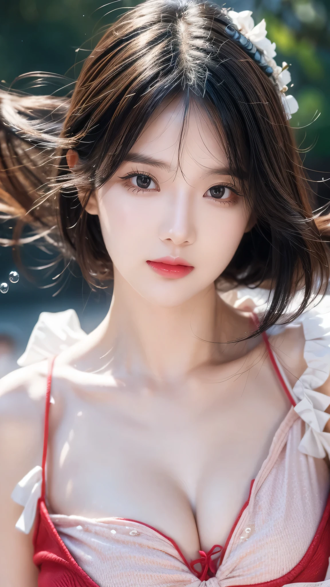 (masterpiece), (best quality), (Ultra Detailed),(Messy hair),(illustration), (1 person), permanent, fashion model, Looking at the audience, (interview), (Detailed background),Beautiful and delicate eyes, Delicate and beautiful face, floating,(High Saturation),(Colorful splash),Colorful bubbles,(shining), focus on face, floating flowers, Floating hair, (shining), Optimal lighting, The best shadow, Only 1 bad