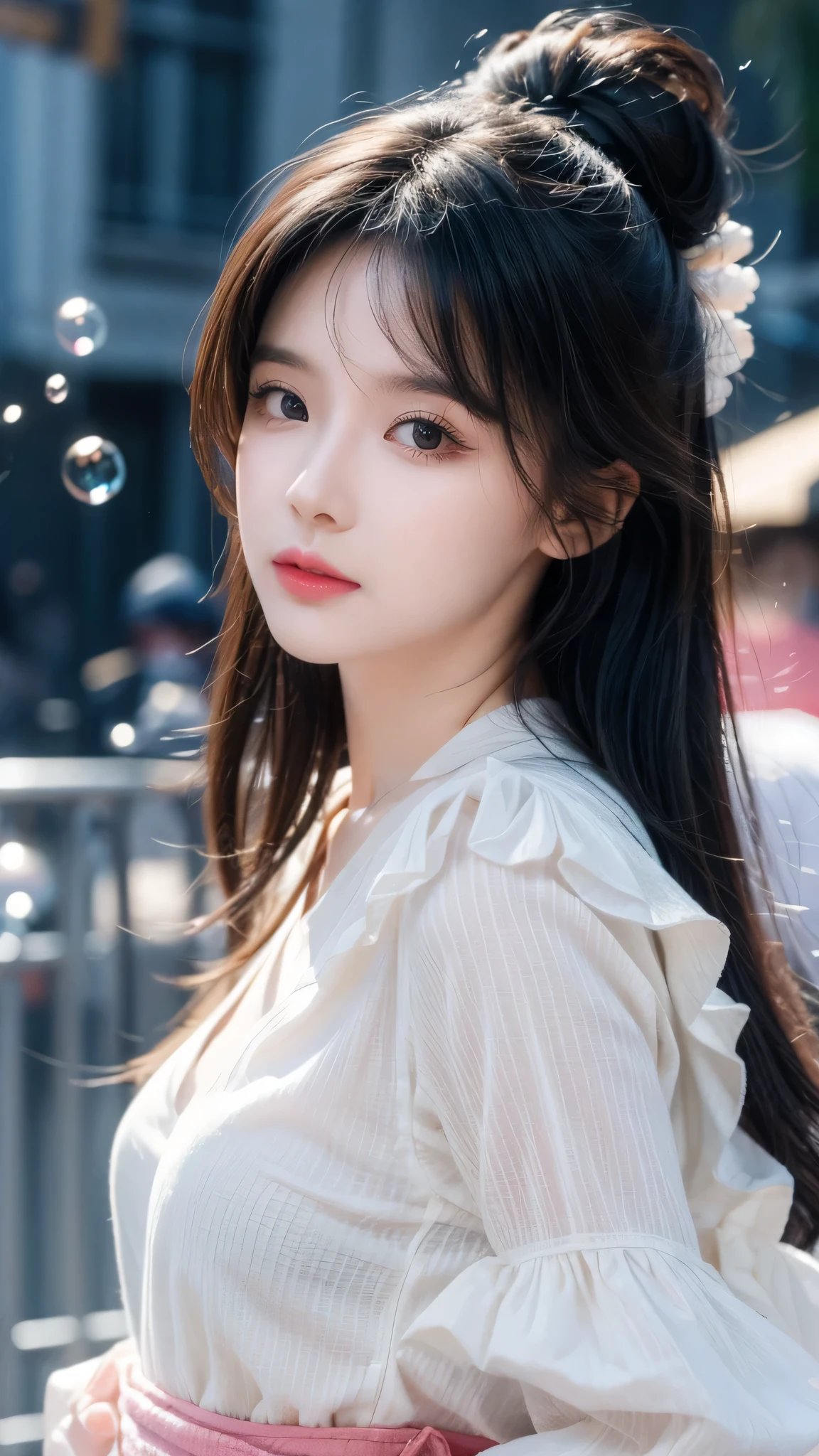 (masterpiece), (best quality), (Ultra Detailed),(Messy hair),(illustration), (1 person), permanent, fashion model, Looking at the audience, (interview), (Detailed background),Beautiful and delicate eyes, Delicate and beautiful face, floating,(High Saturation),(Colorful splash),Colorful bubbles,(shining), focus on face, floating flowers, Floating hair, (shining), Optimal lighting, The best shadow, Only 1 bad