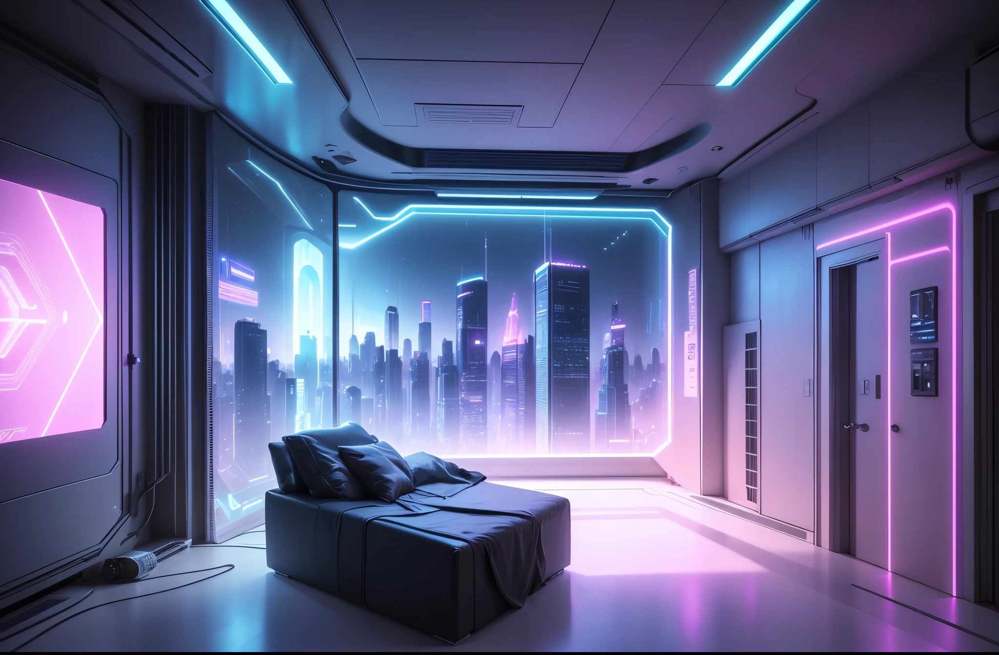 (best quality,4k,8k,highres,masterpiece:1.2),ultra-detailed,(realistic,photorealistic,photo-realistic:1.37),blue and pink cyberpunk empty room with furniture, futuristic interior design, neon lights, holographic displays, sleek and minimalist furniture, reflective surfaces, metallic accents, glowing LED panels, translucent walls, high-tech gadgets, dynamic lighting, vibrant colors, atmospheric ambiance, sci-fi inspired decor, cutting-edge technology, interactive surfaces, virtual reality headset, floating shelves, intelligent AI assistant, immersive audio system, cybernetic enhancements, advanced robotics, futuristic architecture, panoramic windows, futuristic skyline, holographic projections, a captivating blend of technology and aesthetics.