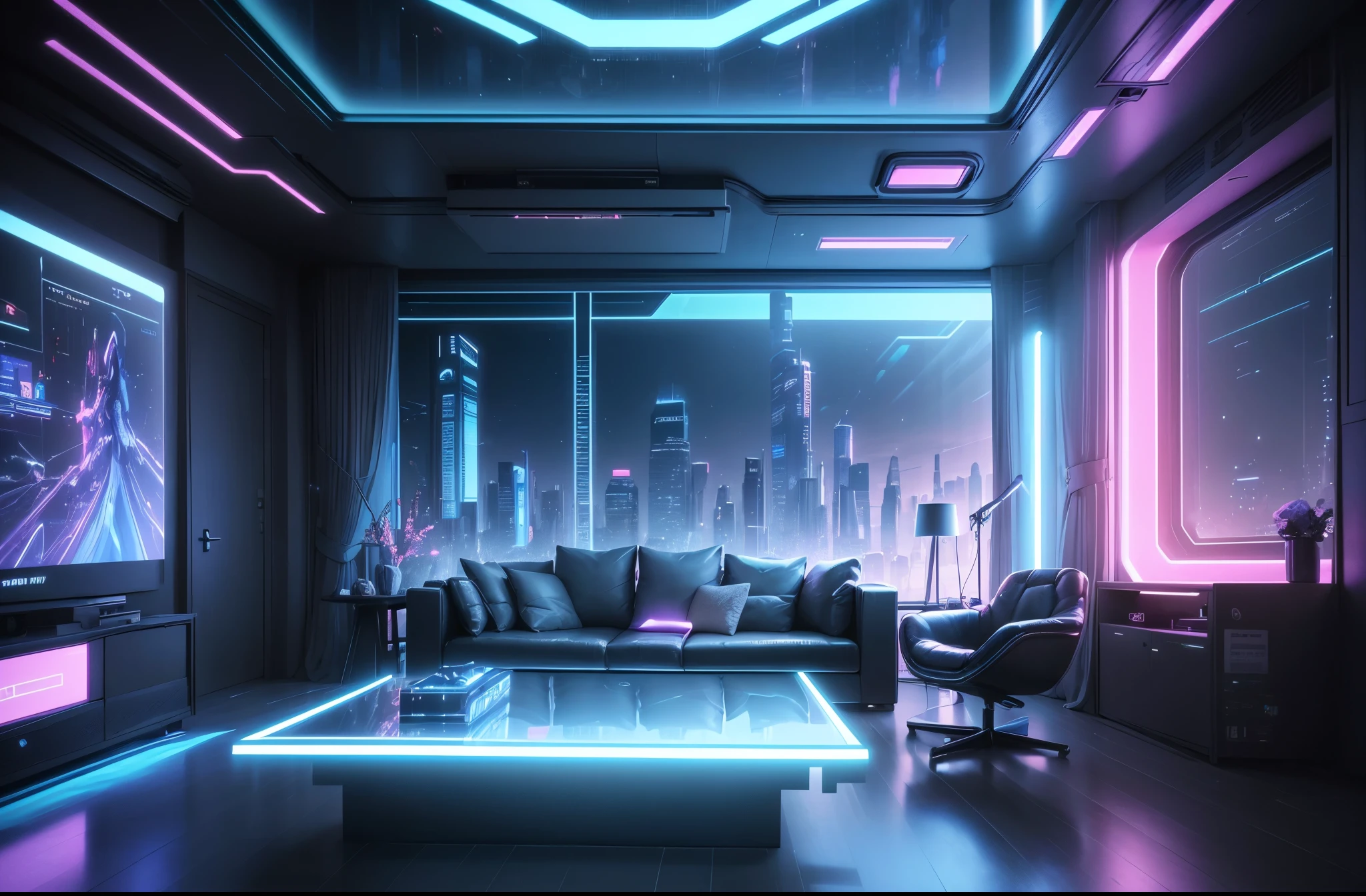 (best quality,4k,8k,highres,masterpiece:1.2),ultra-detailed,(realistic,photorealistic,photo-realistic:1.37),blue and pink cyberpunk empty room with furniture, futuristic interior design, neon lights, holographic displays, sleek and minimalist furniture, reflective surfaces, metallic accents, glowing LED panels, translucent walls, high-tech gadgets, dynamic lighting, vibrant colors, atmospheric ambiance, sci-fi inspired decor, cutting-edge technology, interactive surfaces, virtual reality headset, floating shelves, intelligent AI assistant, immersive audio system, cybernetic enhancements, advanced robotics, futuristic architecture, panoramic windows, futuristic skyline, holographic projections, a captivating blend of technology and aesthetics.