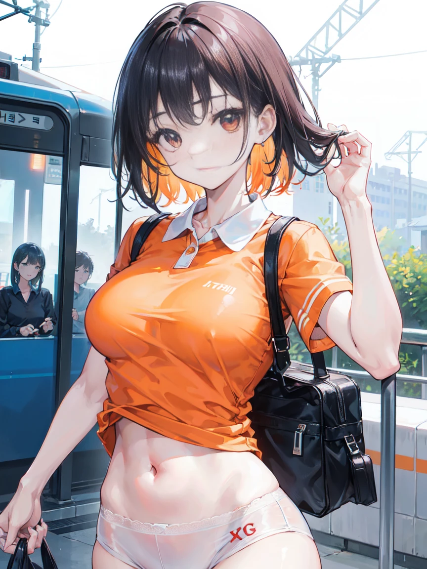 real photos of (1 cute korean stars) toss hair, Light makeup, Medium breast size, Orange Polo Shirt, at the train station, Clear facial features of the Canon EOS, 16K, high resolution, Clear and lifelike details, Overexposure, incise, Ultra HD, high resolution, best quality,Navel