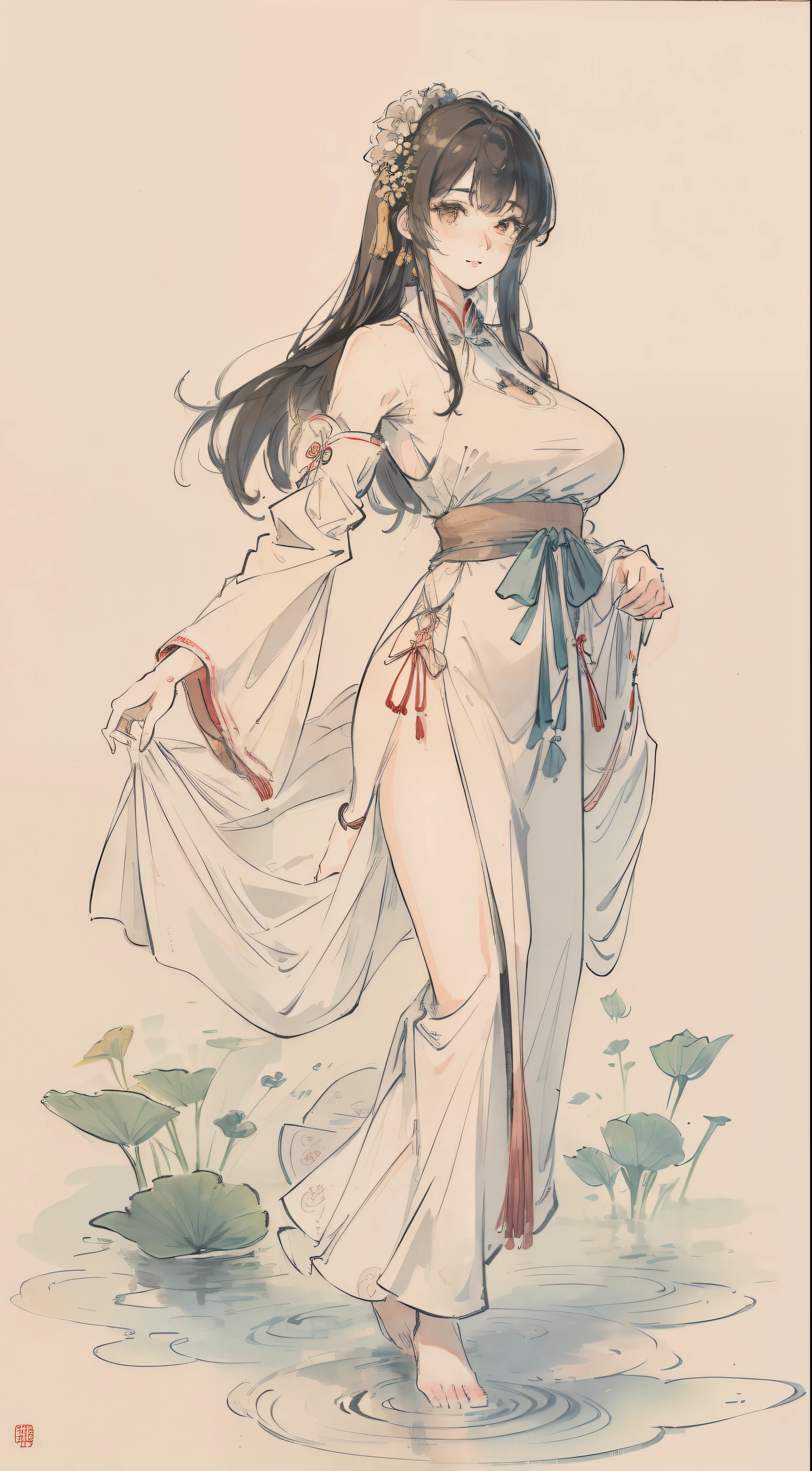 ((4K,Masterpiece,Best quality)),a big breast chinese girl,The facial structure is reasonable, shuimobysim, Traditional Chinese painting, lotuses, Hanfu, maxikit, Dress conservatively , Solo, Long Light Hair, ssmile, standing on your feet, feet in water, The barefoot,Perfect face,big breasts beautiful,Standard human body