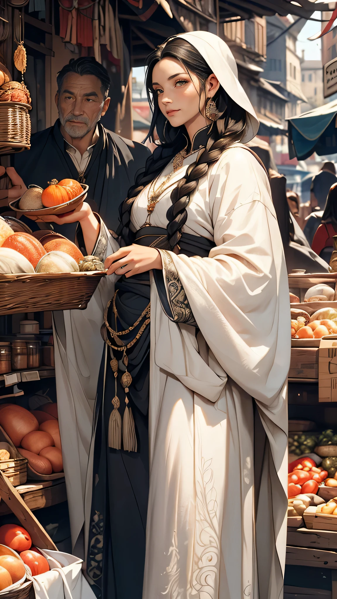 depict a woman with long, flowing black hair and intricate braids with black and white garment, engaging with an old man selling fish at a bustling medieval market. Emphasize the woman's elegant attire and the vibrant market scene with authentic period details.