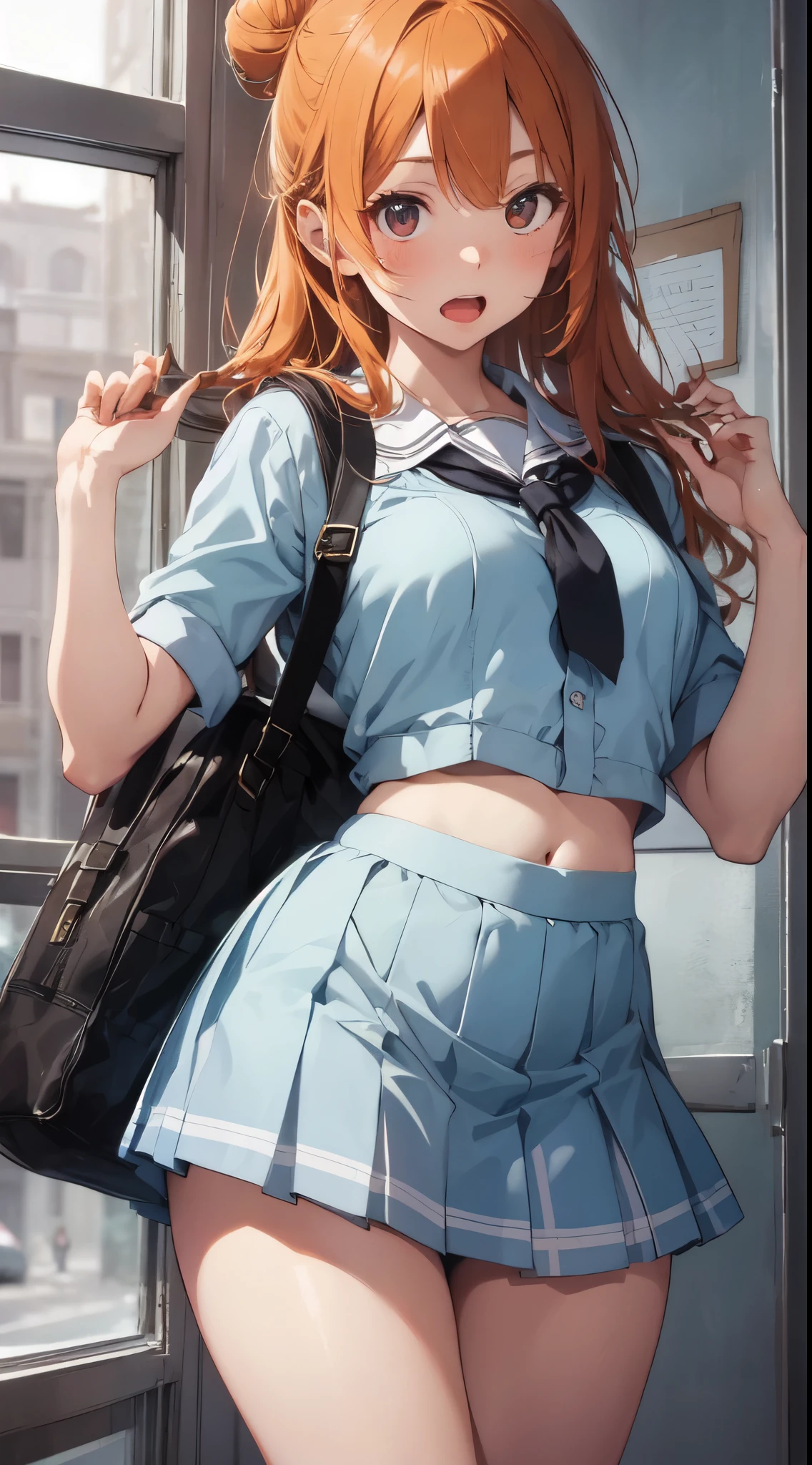 masutepiece, Best Quality,Beautiful High School Girl,14 years old,slender, flat chest,illustration of a beautiful girl, Detailed beautiful face, detailed hairs, detailed human eyes, Detailed mouth, detailed arms, detailed bust, Full body, Bun, Orange hair, ,Admiring,SIGMA Art Lens 35mm F1.4,Cowboy Shot, Open mouth,(Skirt lift:1.1), (NSFW:0.4), Matazura, White panties, School bag,(vaginal pennis:0.7),in a school