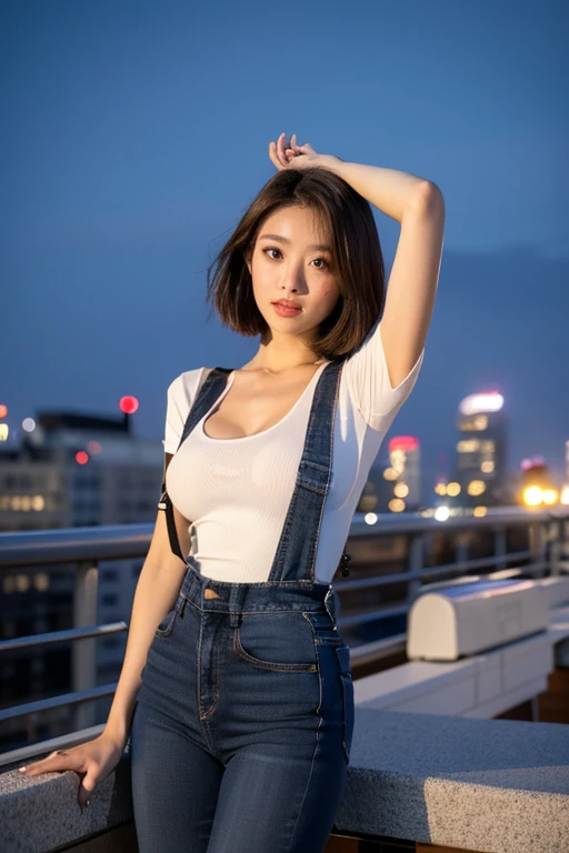 ((Midnight, highest quality, 8k, masterpiece :1.3)), whole body, Long legs, Sharp focus :1.2, Beautiful woman with perfect figure :1.4, Slim Abs :1.1, ((Dark brown hair, Big Breasts :1.2)), (White tight T-shirt, Jean Bib, Are standing:1.2), ((Night city view, rooftop:1.3)), Highly detailed face and skin texture, Fine grain, double eyelid