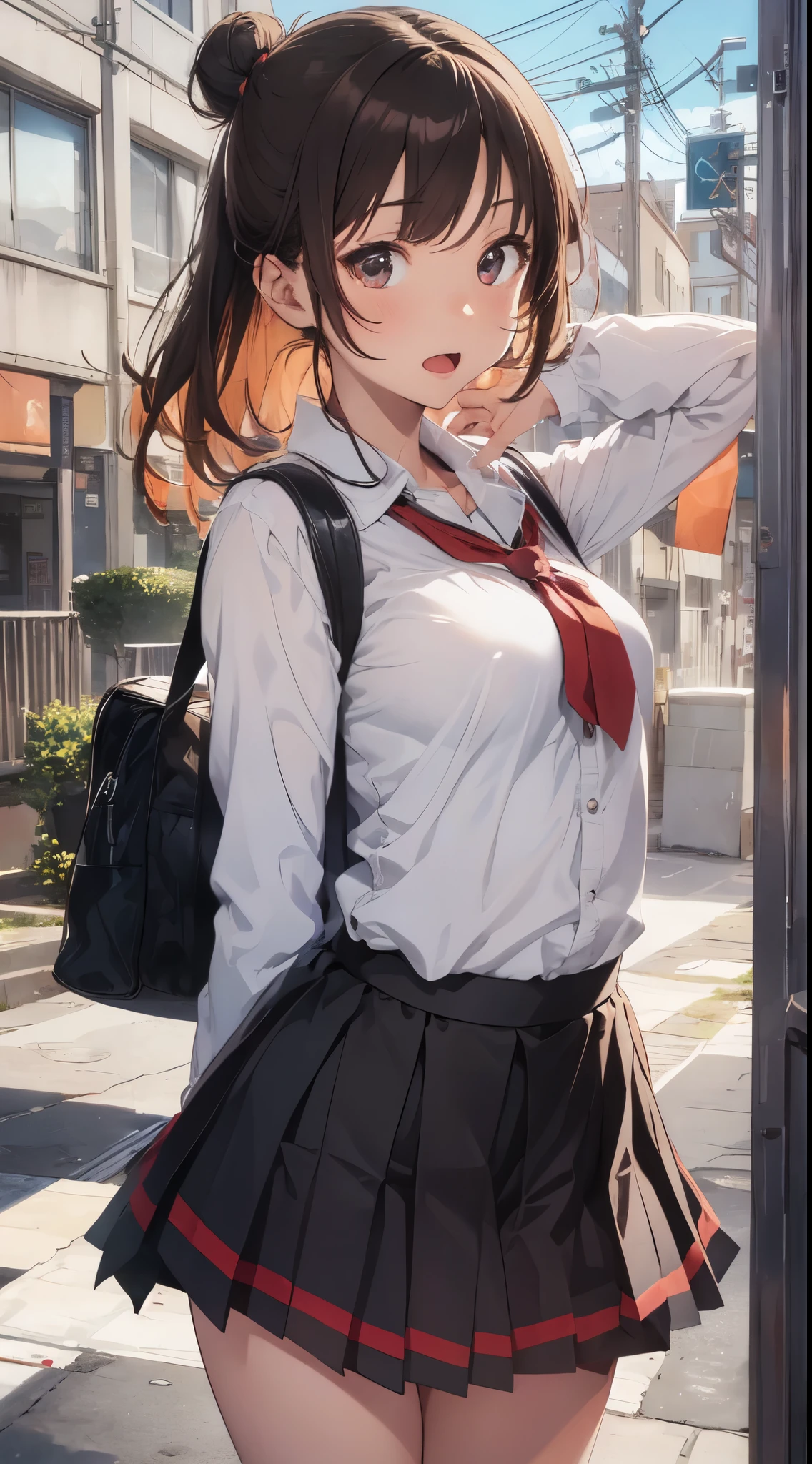 masutepiece, Best Quality,Beautiful High School Girl,,slender, flat chest,illustration of a beautiful girl, Detailed beautiful face, detailed hairs, detailed human eyes, Detailed mouth, detailed arms, detailed bust, Full body, Bun, Orange hair, ,Admiring,SIGMA Art Lens 35mm F1.4,Cowboy Shot, Open mouth,(Skirt lift:1.1), (NSFW:0.4), Matazura, White panties, School bag,(vaginal pennis:0.7),in a school