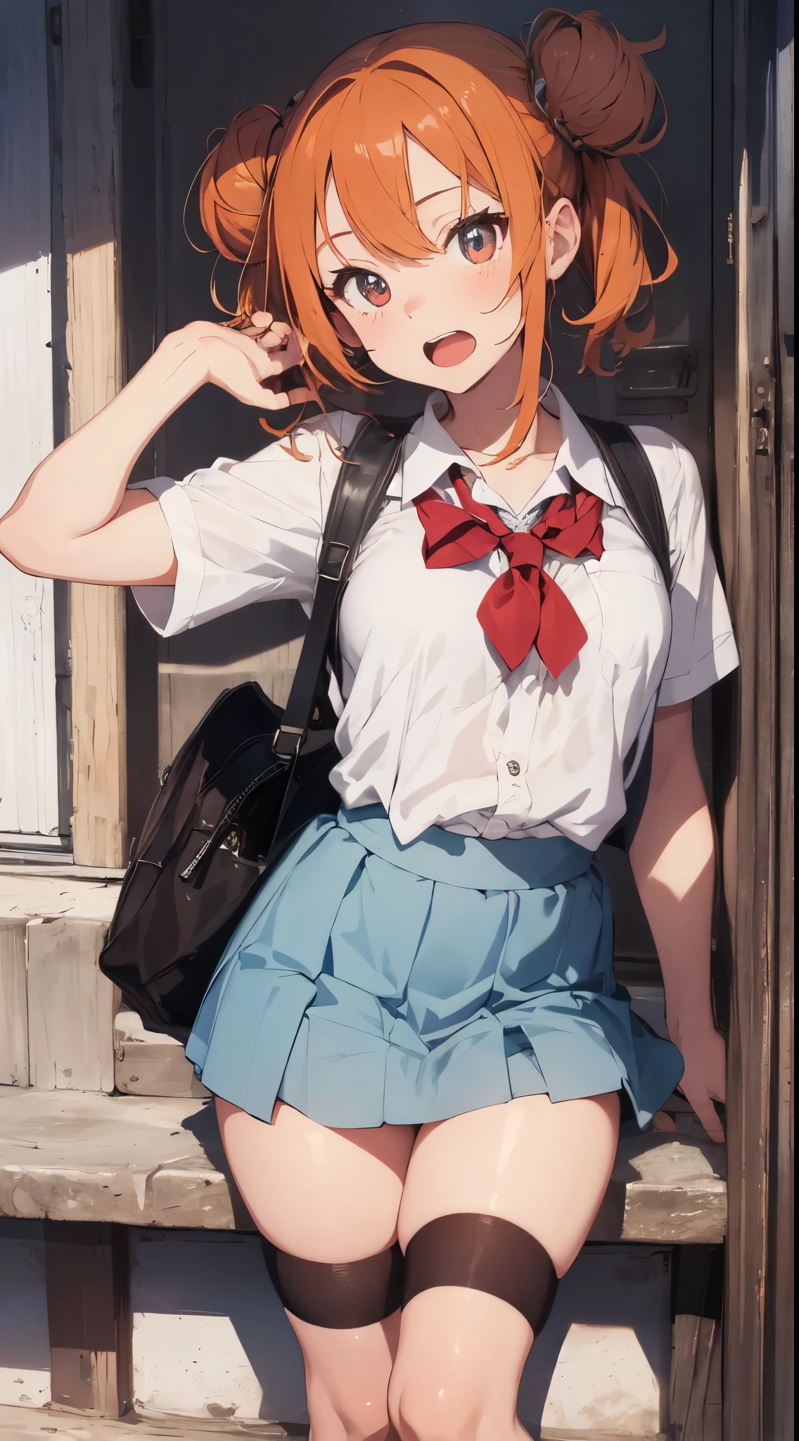 masutepiece, Best Quality,Beautiful High School Girl,,slender, flat chest,illustration of a beautiful girl, Detailed beautiful face, detailed hairs, detailed human eyes, Detailed mouth, detailed arms, detailed bust, Full body, Bun, Orange hair, ,Admiring,SIGMA Art Lens 35mm F1.4,Cowboy Shot, Open mouth,(Skirt lift:1.1), (NSFW:0.4), Matazura, White panties, School bag,(vaginal pennis:0.7),in a school