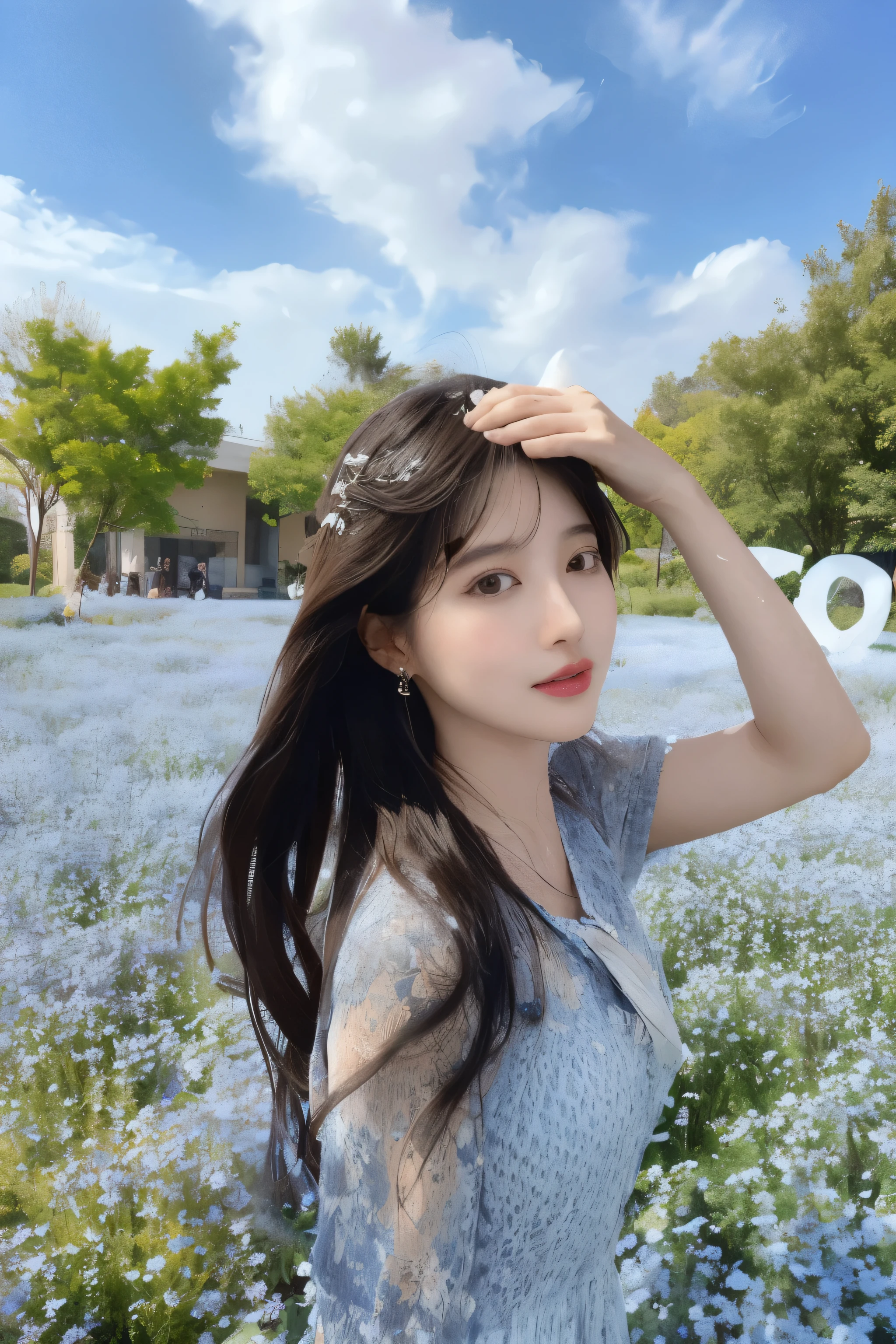 Arabian woman standing in a flower field with her hands on her head, Bae Suzy, Chiho, sakimichan, Yoshitomo Nara, Shin Jinyoung, TWICE&#39;s Tzuyu, Ulzzang, Hungry Ghost Festival, 🚿🗝📝, With flowers, harumi, Nam Jae-young