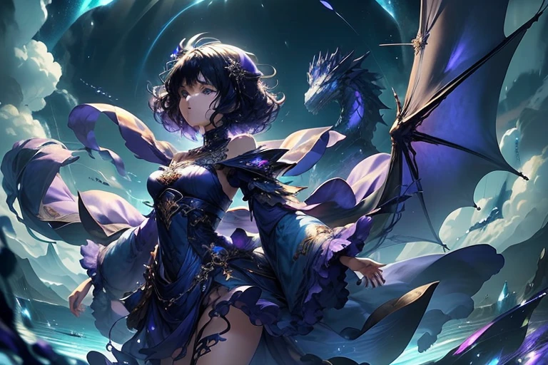 Fantasy,Girl,ager,Floating in the sky,Hover,Put your right hand forward:1.8,Purple clothes,short hair,Curly hair,Black Hair,Spiky Tiara,dragon,blue,huge,Dragon Breath,Full body view,blue sky,sky,cloud,Look to the left