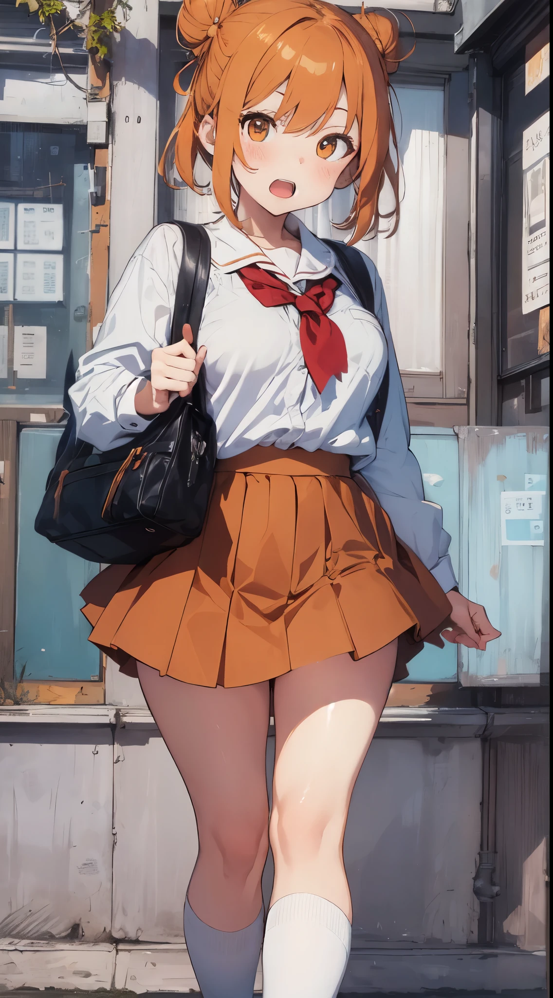 full body, bun, orange hair, , Admiring, SIGMA Art Lens 35mm F1.4,cowboy shot, open mouth,(skirt lift:1.1), (nsfw:0.4), mata zurashi, white panties, school bag,(vaginal penis:0.7),in school